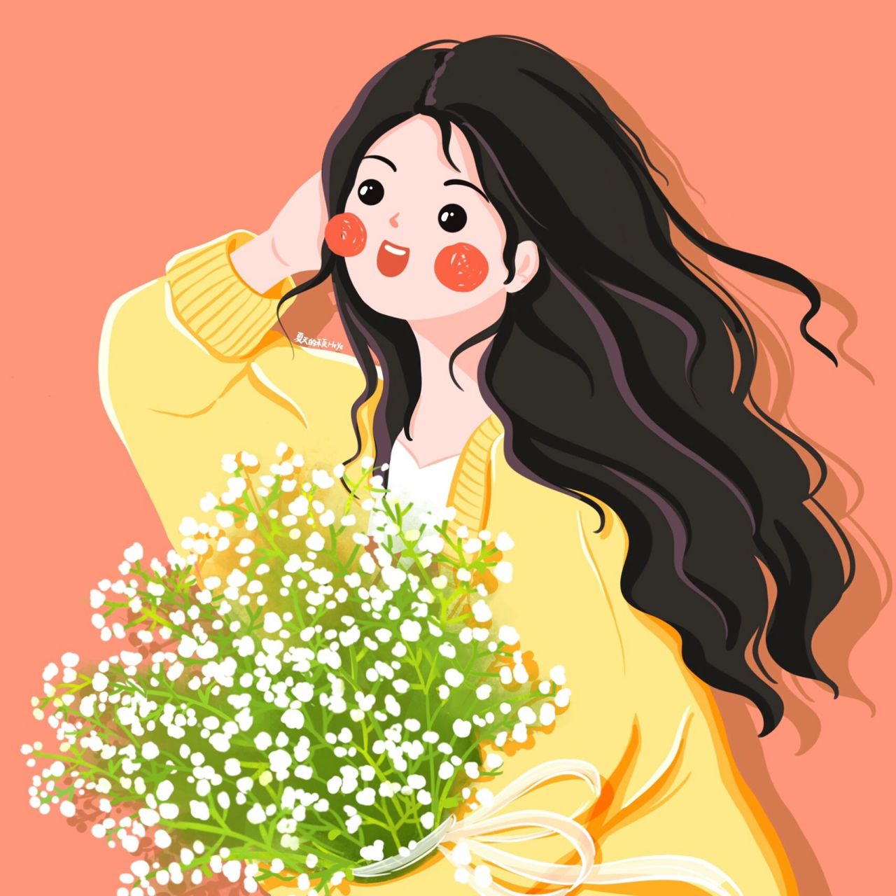 插画头像 | 手捧满天星花的可爱女生 有花花头饰版本,和无花花头饰