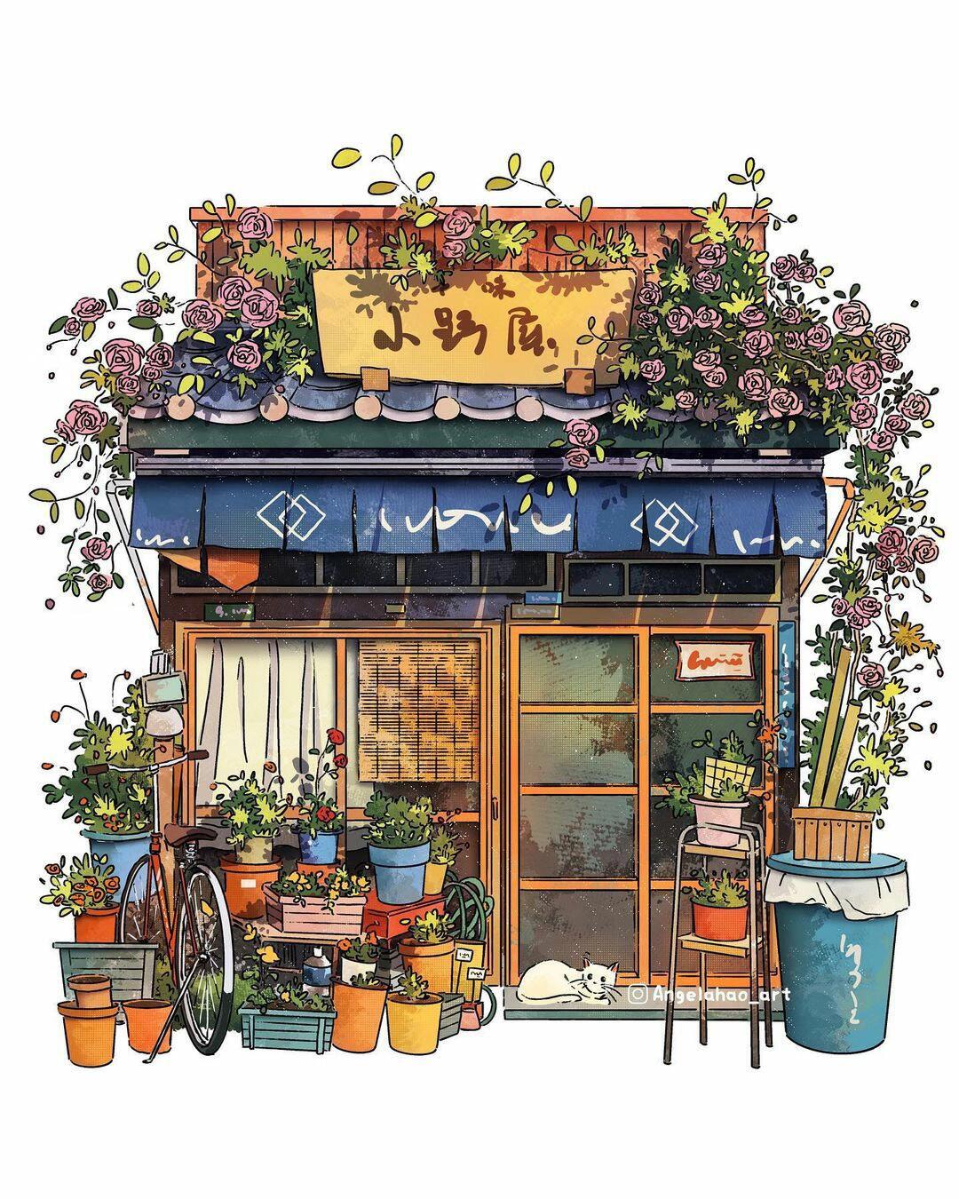 小店建筑场景绘画, 9615小吃店,花店,书店,宠物店,甜品屋,咖啡馆