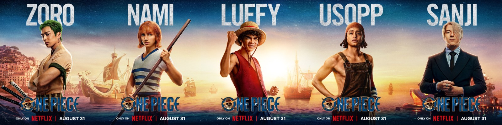 网飞《#海贼王#》真人剧发布五大角色海报,本剧将于8月31日在netflix
