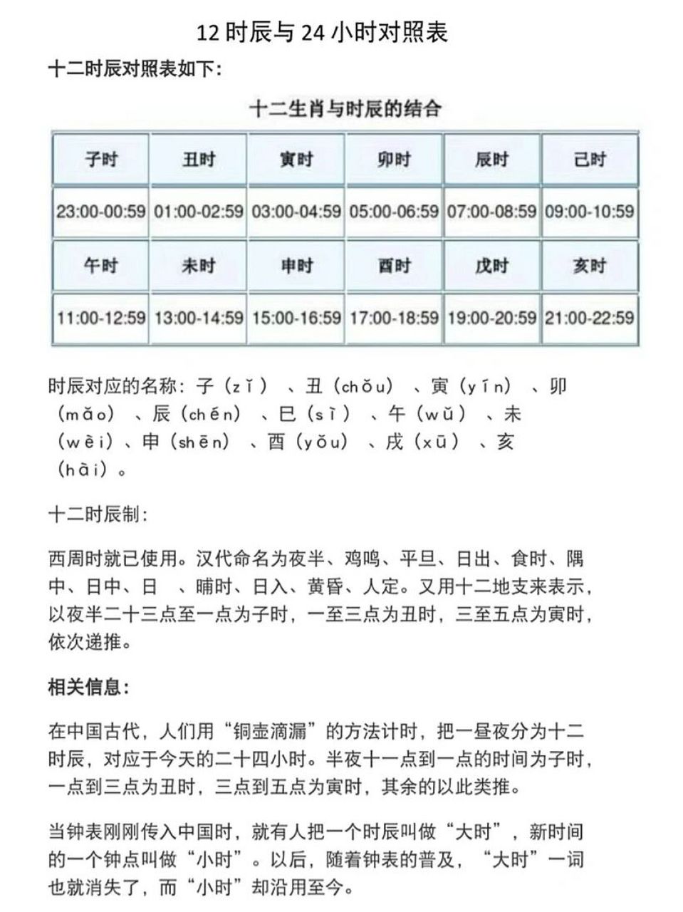 十二时辰与二十四小时对照表 十二时辰与二十四小时对照表