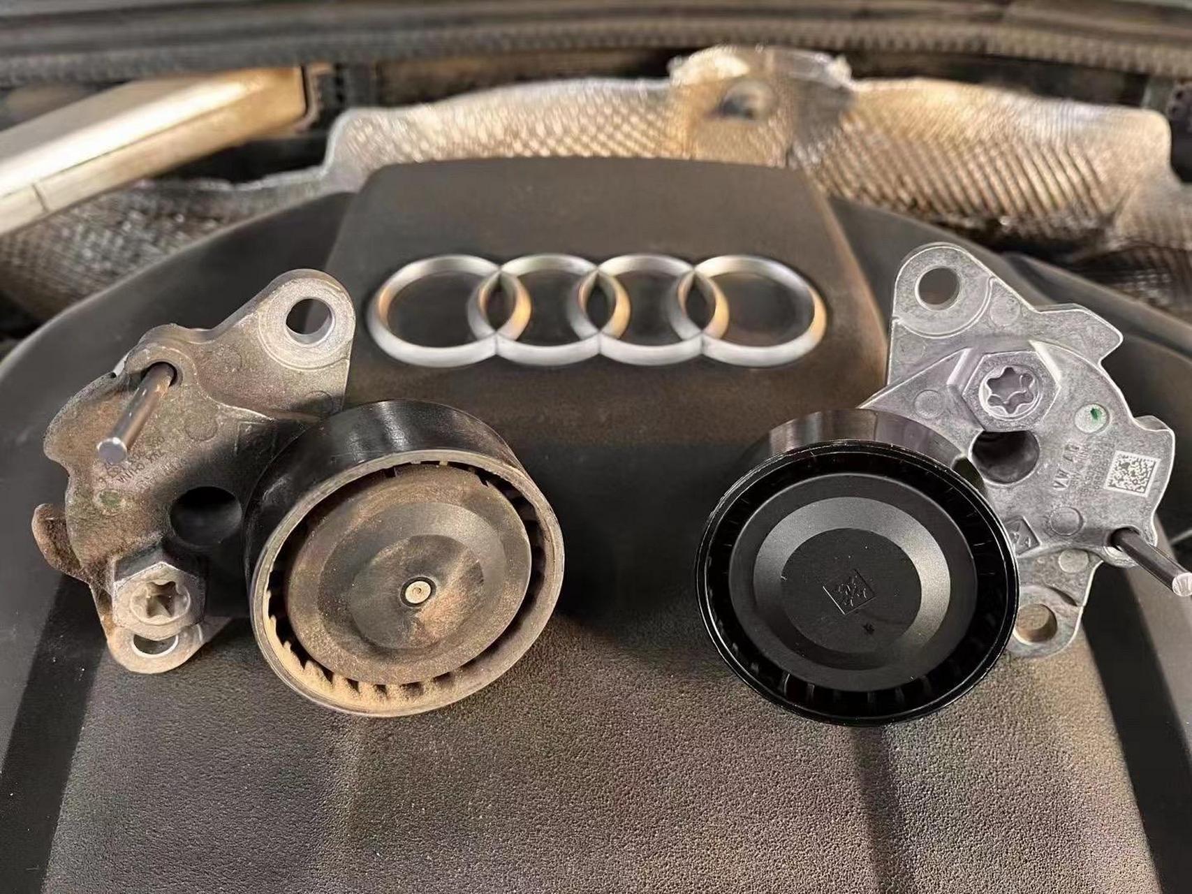 奥迪a6l更换发电机皮带组件 行驶8万公里之后,请及时检查更换.