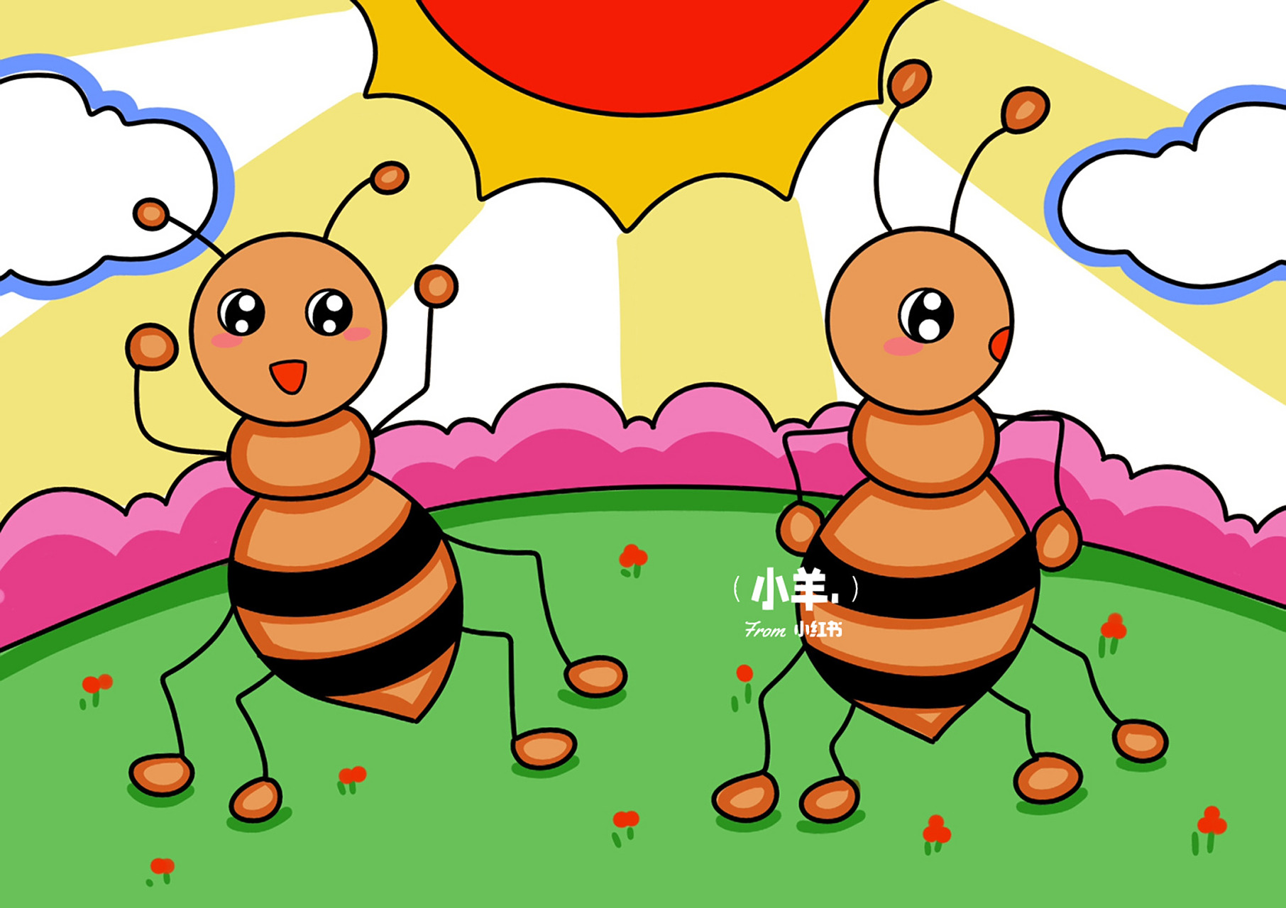 可爱的小蚂蚁儿童创意画 简单 带线稿 #创意美术儿童画# #简笔画教程