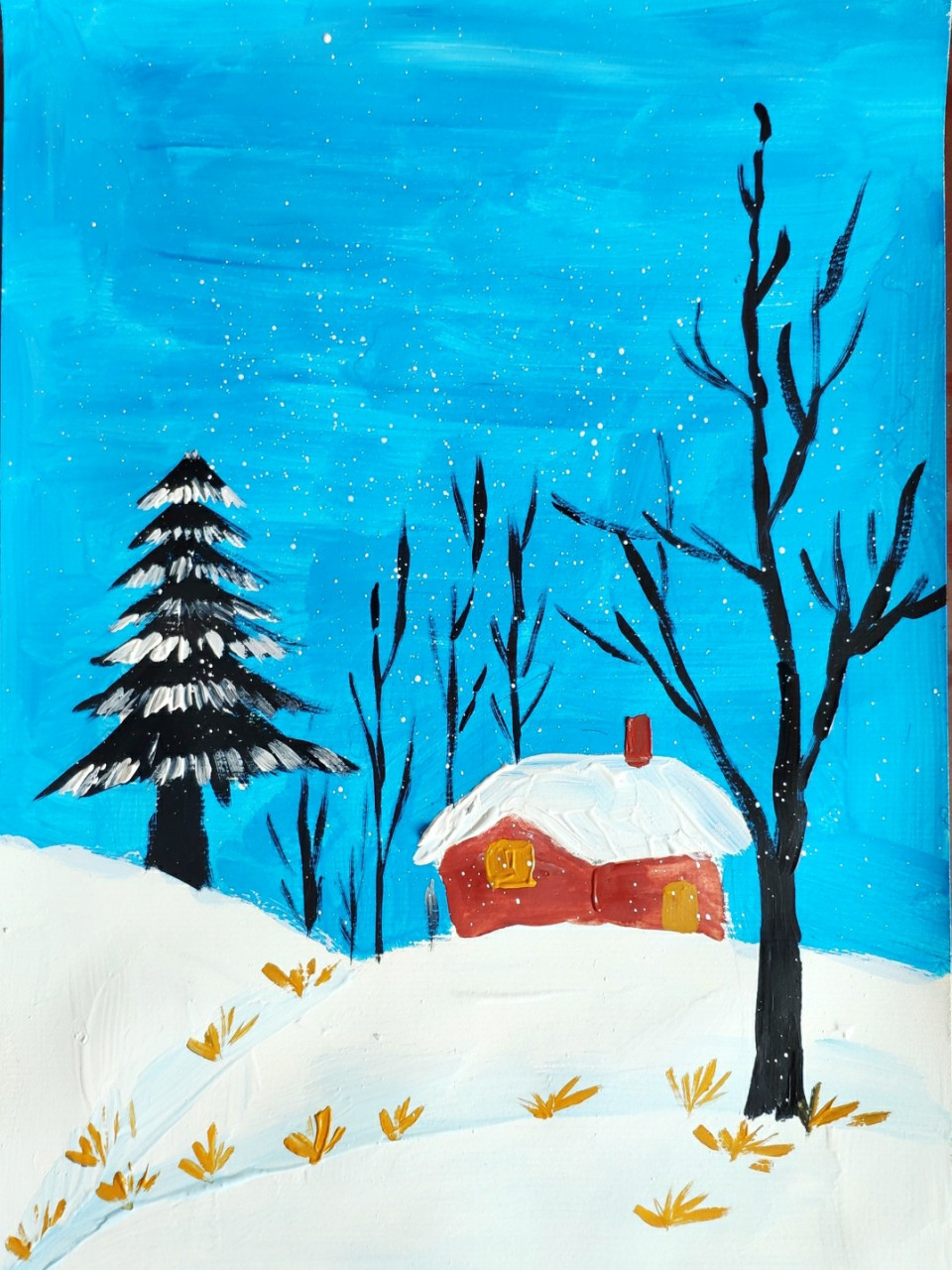 《冬日》附步骤图 小学生寒假作业,动手画一幅美丽的冬天,儿童水粉画