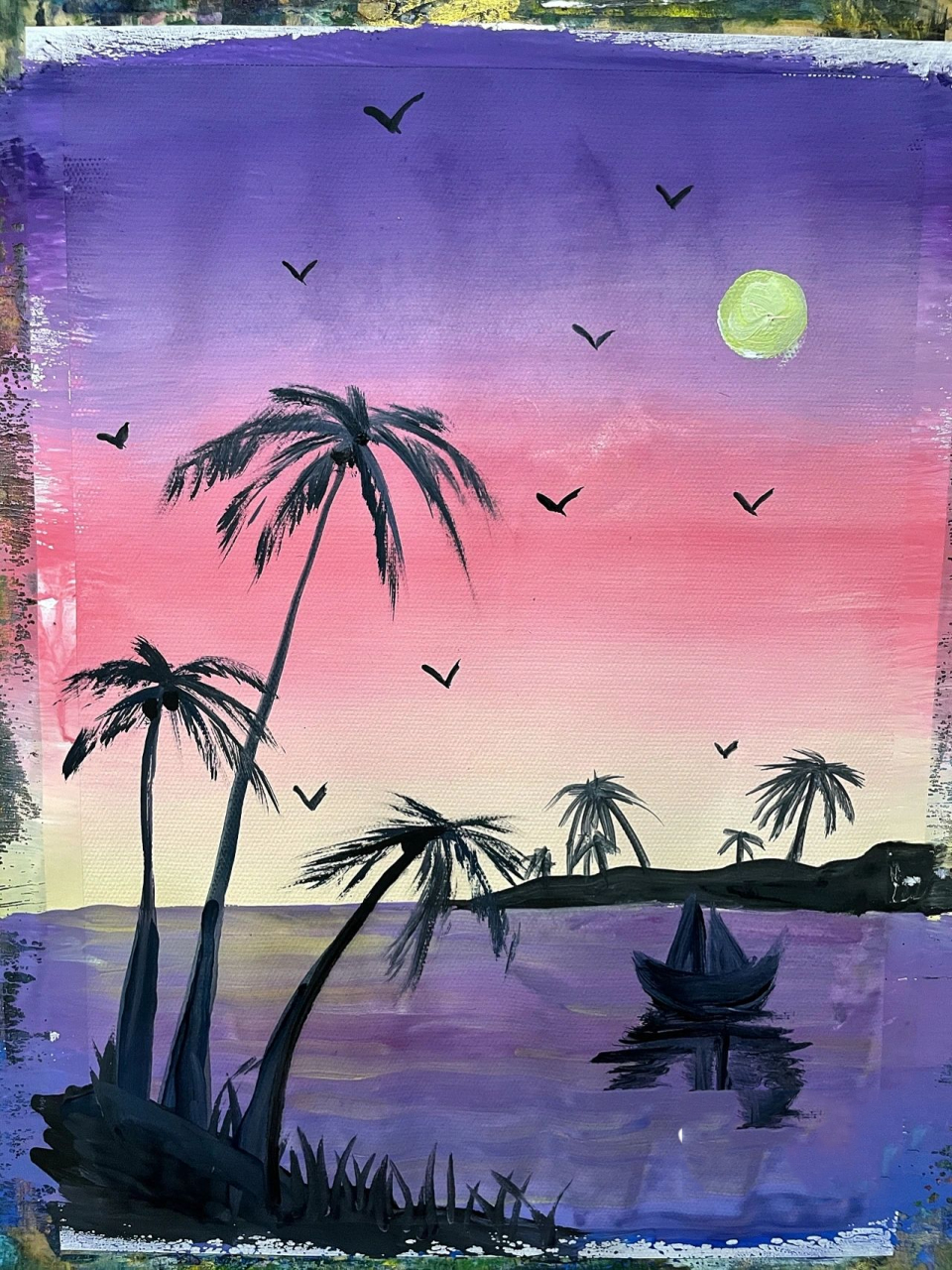水粉风景画《海边椰树》 1:铺色    紫色→粉色→淡黄77白→淡黄