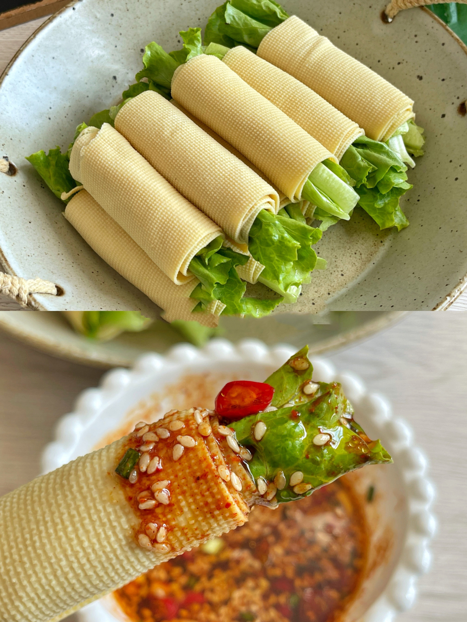 给肉不换6015减脂必吃豆皮生菜卷～附万能蘸 可可最近一直都在吃