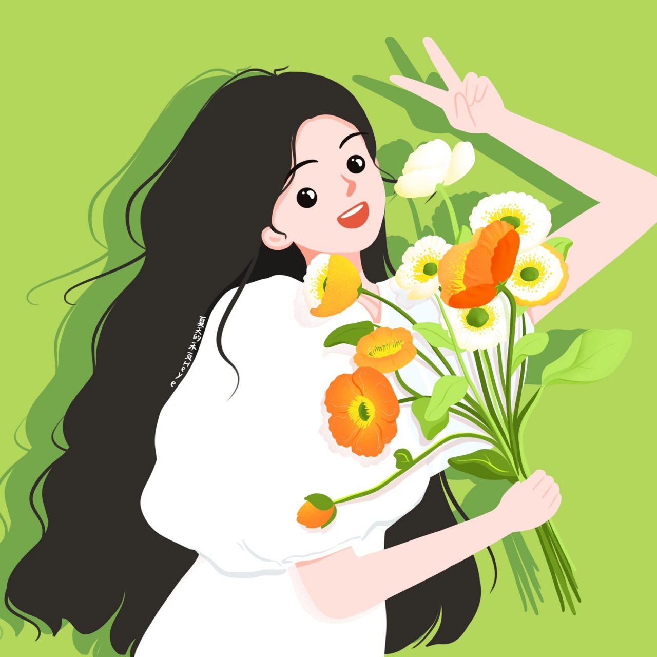 插画头像 | 捧花比耶的可爱女生 花花系列 1~ 背景多种配色供大家选择