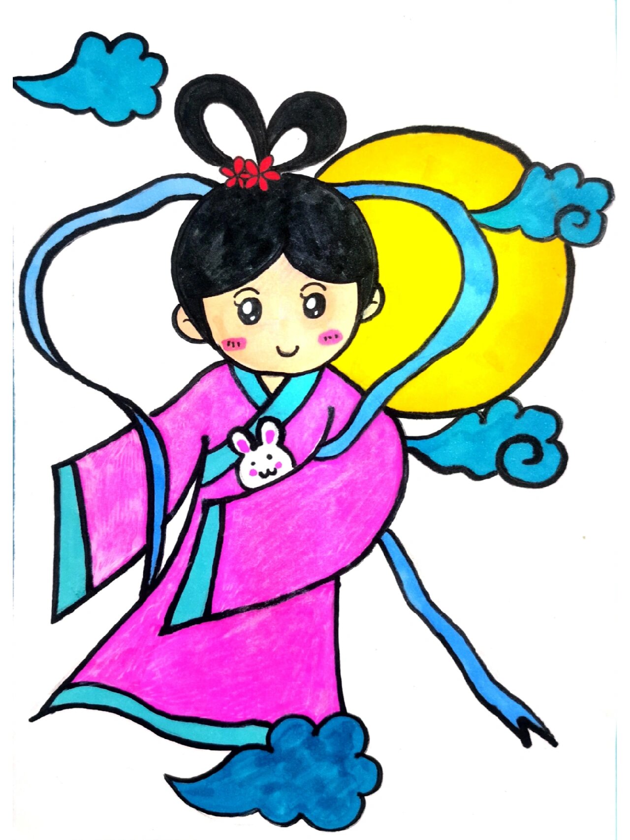 嫦娥奔月简笔画,中秋节儿童简笔画