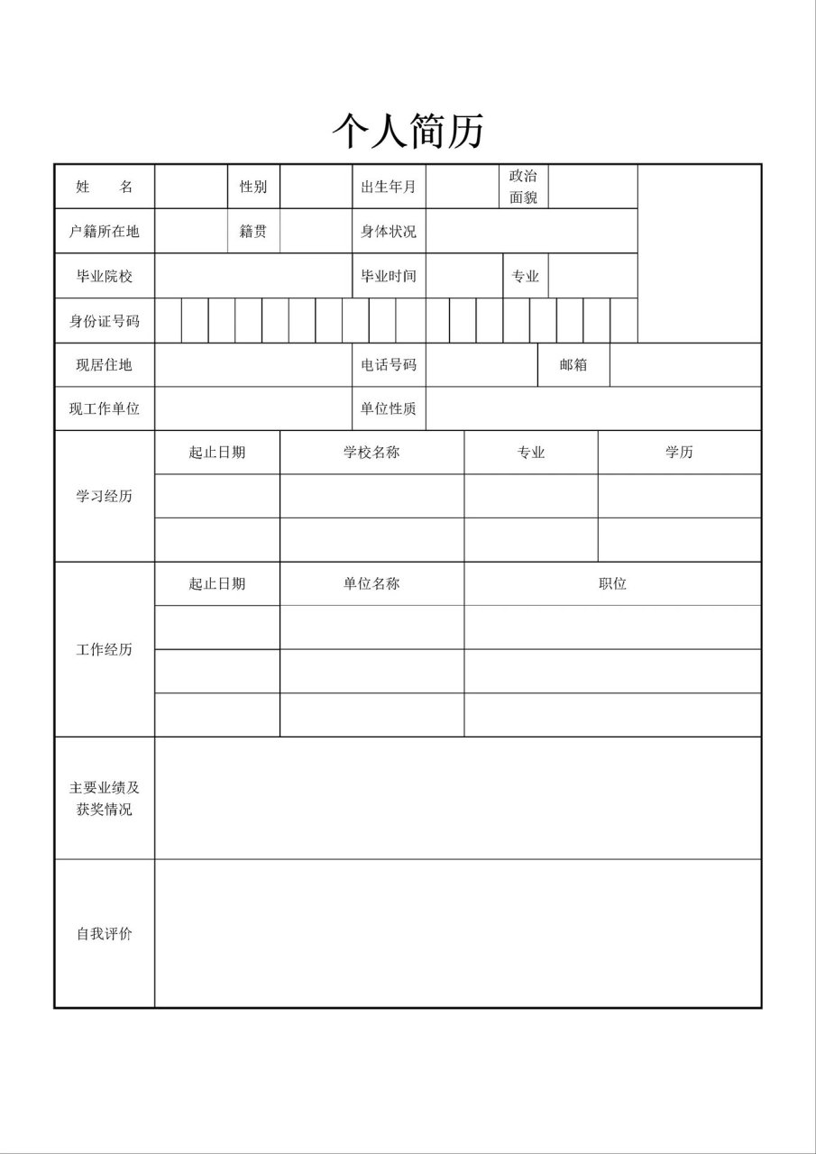 机关单位个人简历模板图片