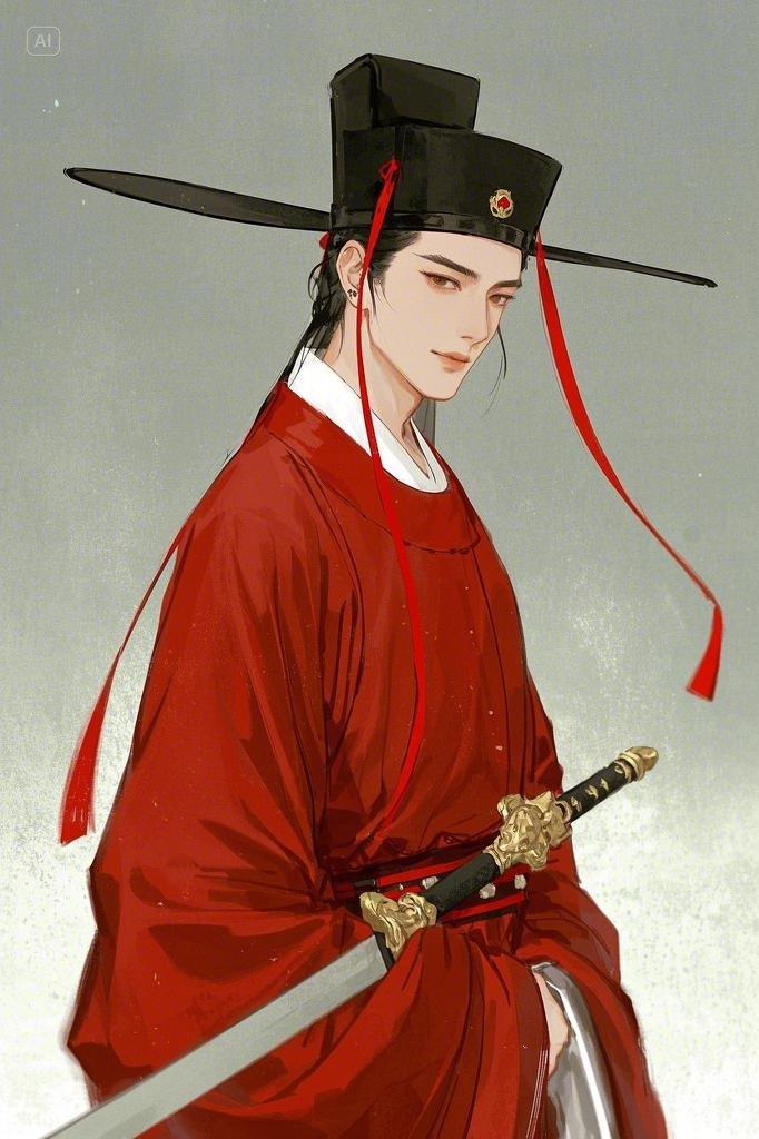 常见于古装影视剧中的侍卫形象,长发披肩,剑眉星目