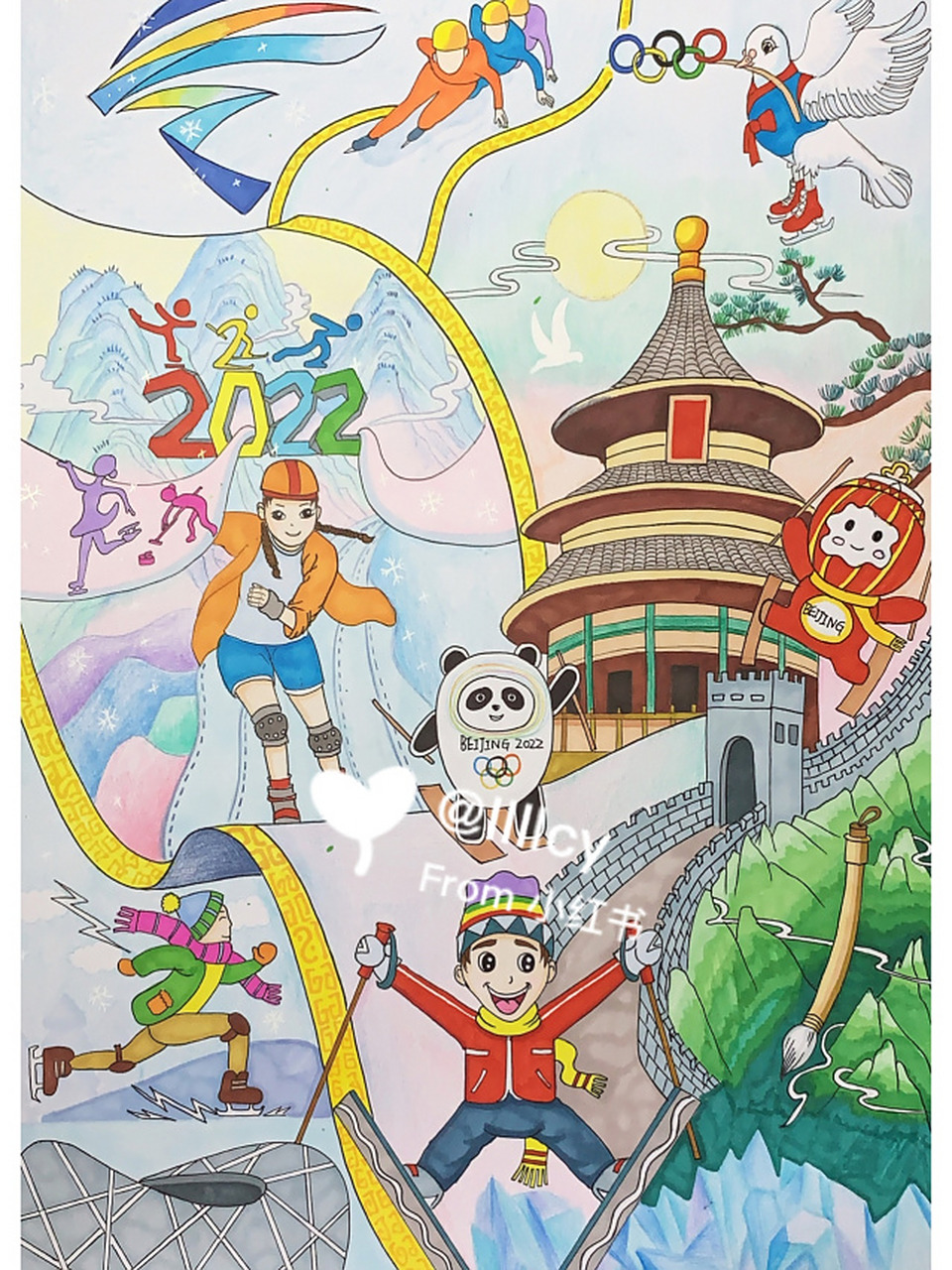 鸟巢杯冬奥运会创意画比赛作品,原创 touch mark  彩铅 #2022冰雪之约