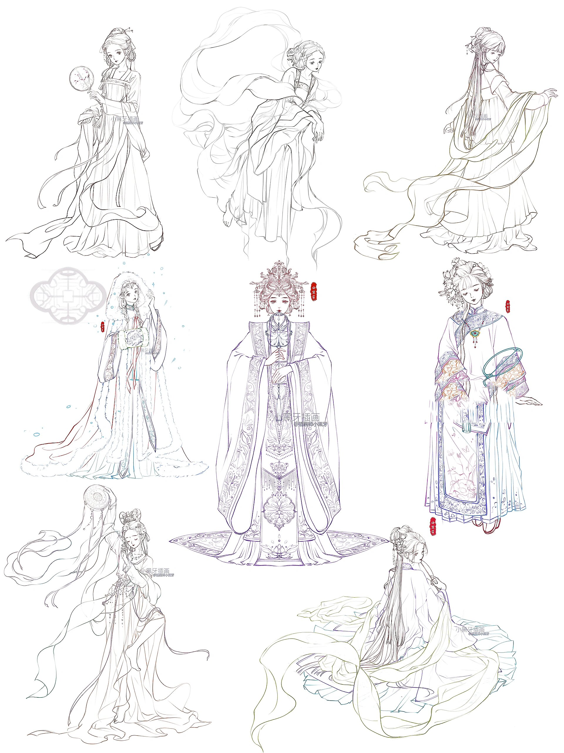 线稿合集|古风人体服饰 速写|快拿去练习吧