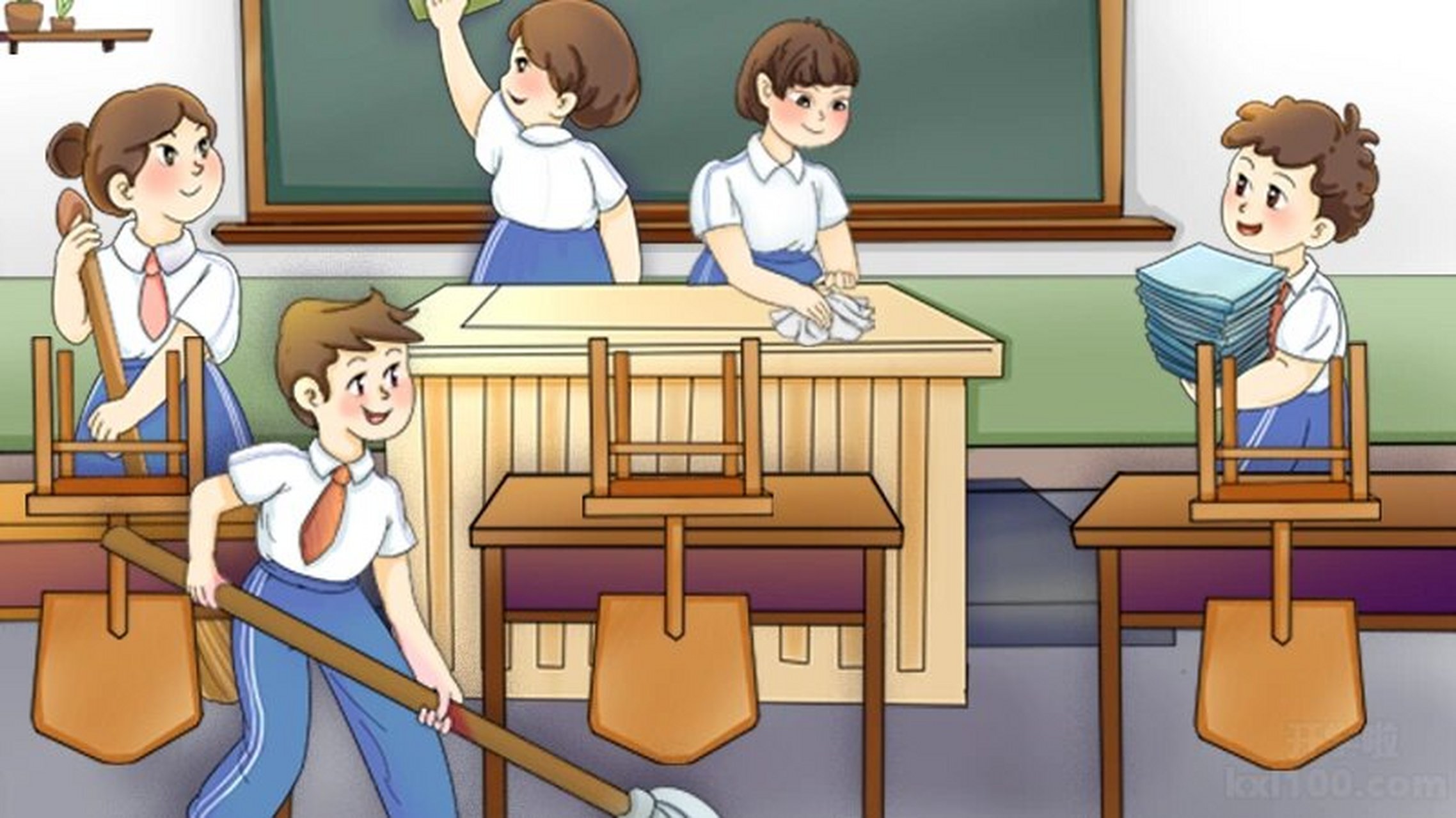 看图写话e同学们做值日》 下午活动课要打扫卫生,刚好轮到小明,小兰