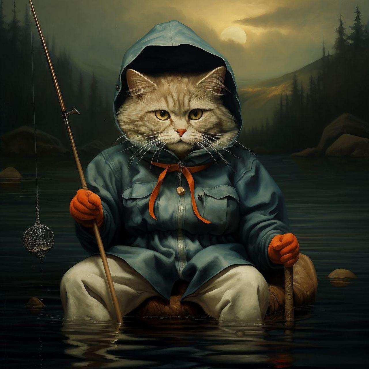 ai画的小猫钓鱼,有点东西ai绘画 治愈画风