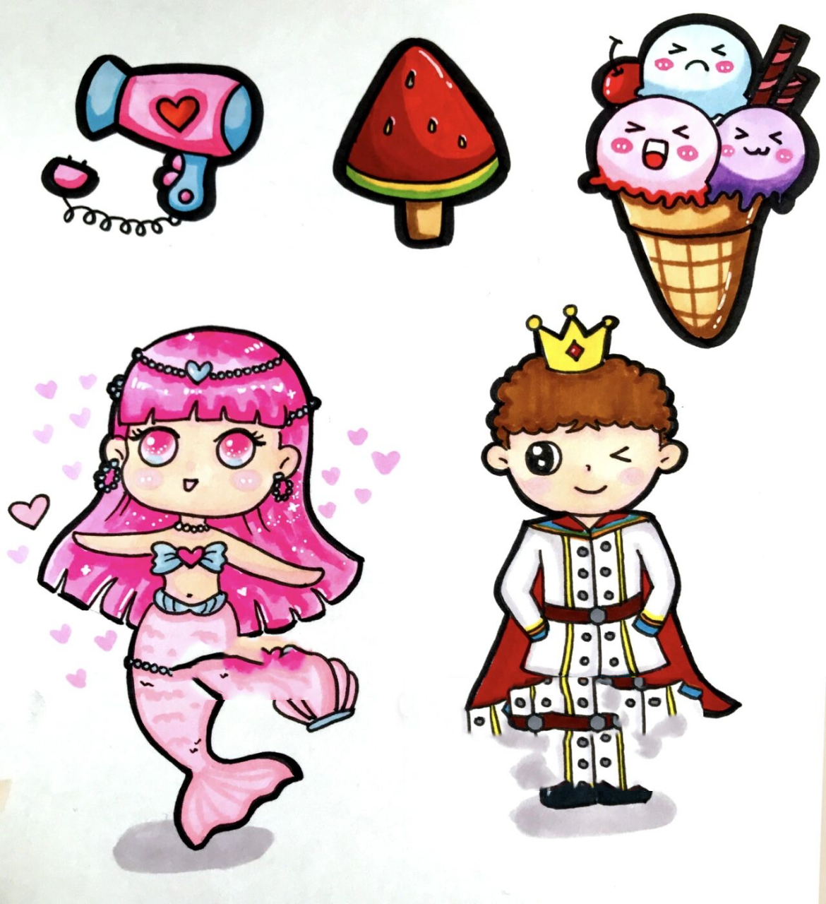 手帐素材美人鱼公主帅气王子简笔画零基础