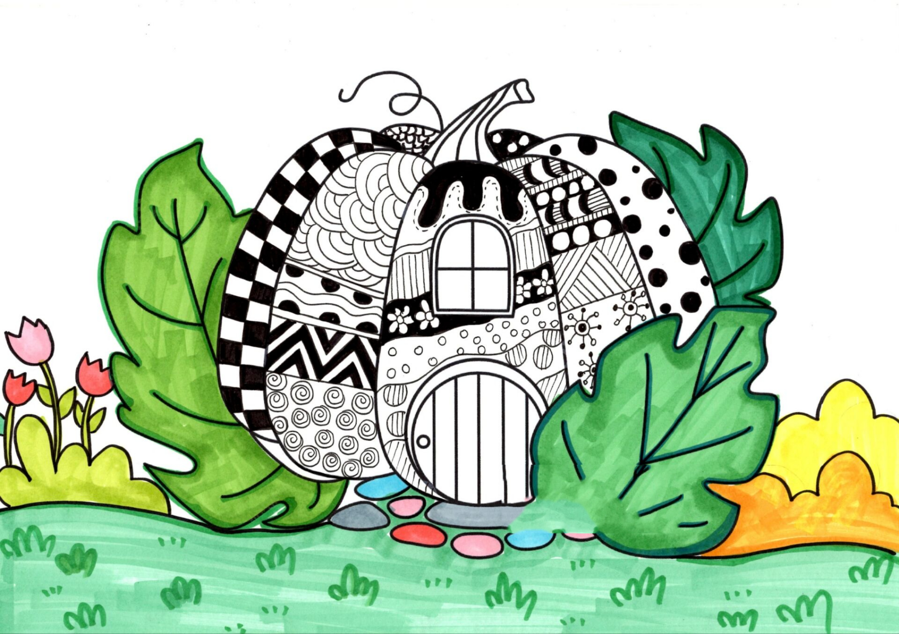 马克笔儿童画临摹卡 彩色线描创意画 附大图