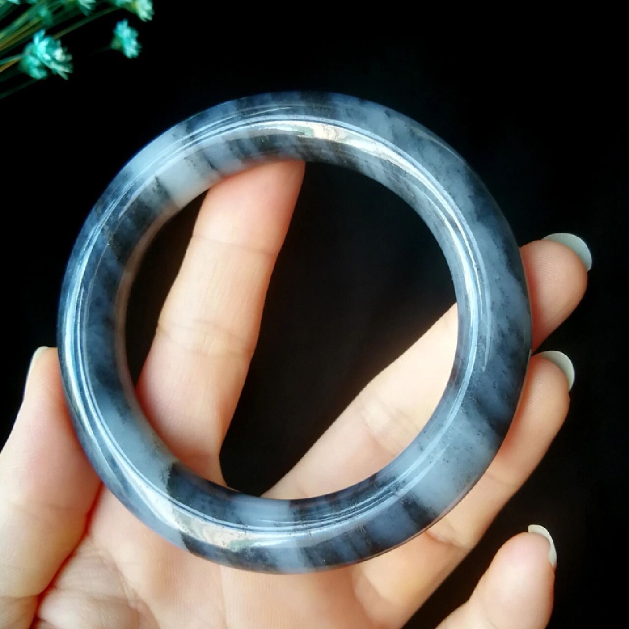 俄料青花籽料圆条手镯54.5mm 诗情画意 和田玉青花瓷手镯,俄料.