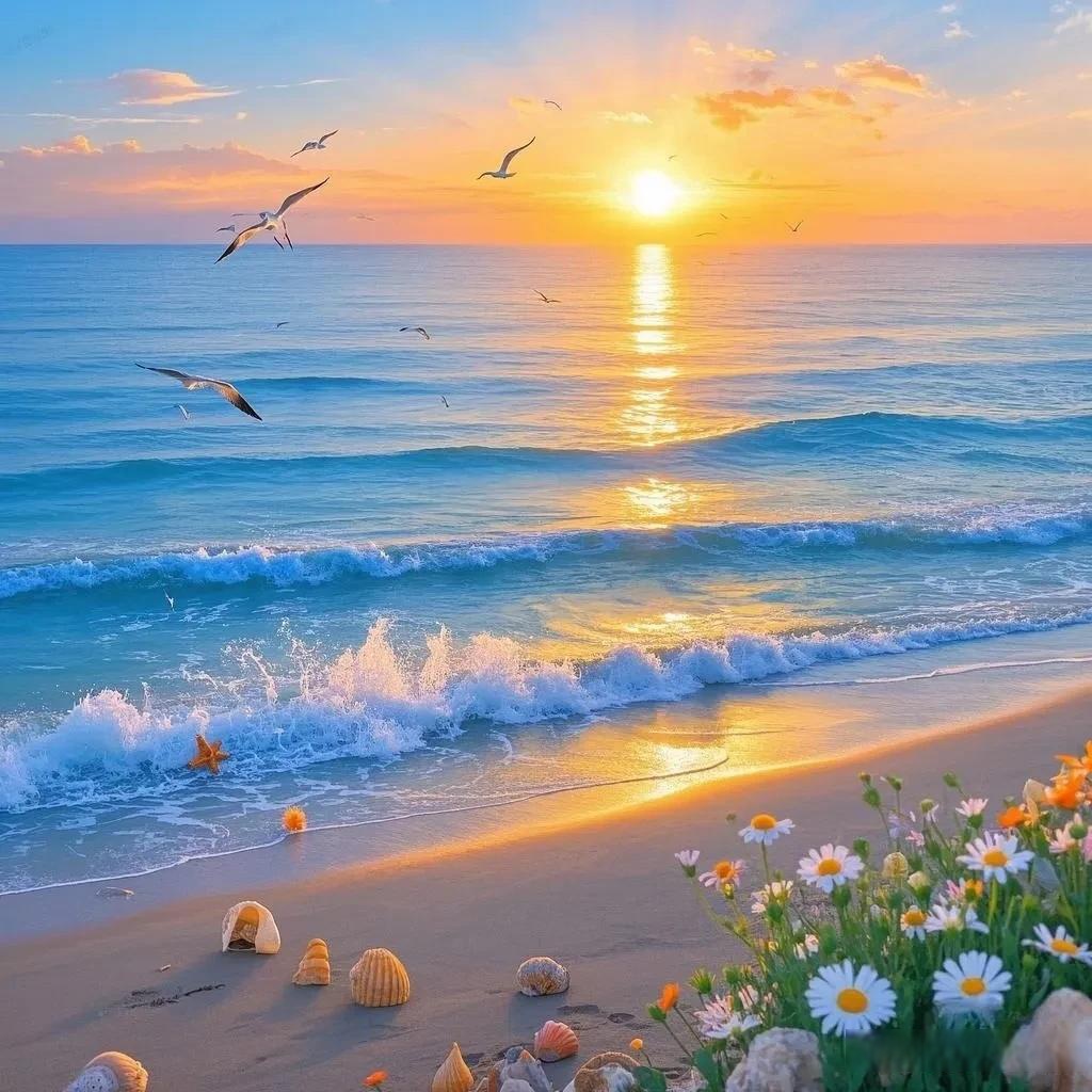 海边日出,海鸥飞舞,沙滩贝壳,花海浪漫