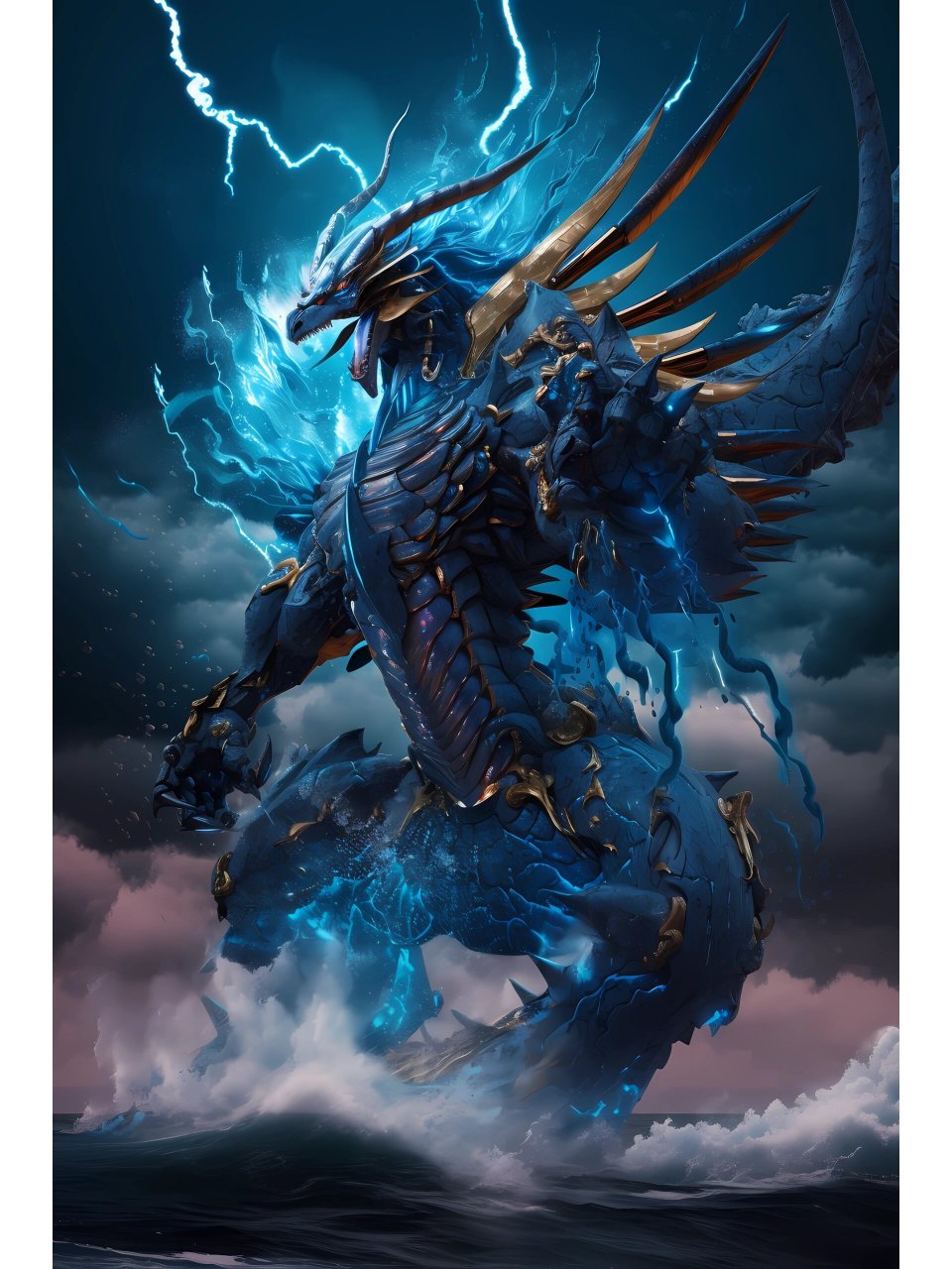 神兽机甲系列-青龙 五行之木-青龙,以青色金色为主,闪电和海浪为装饰