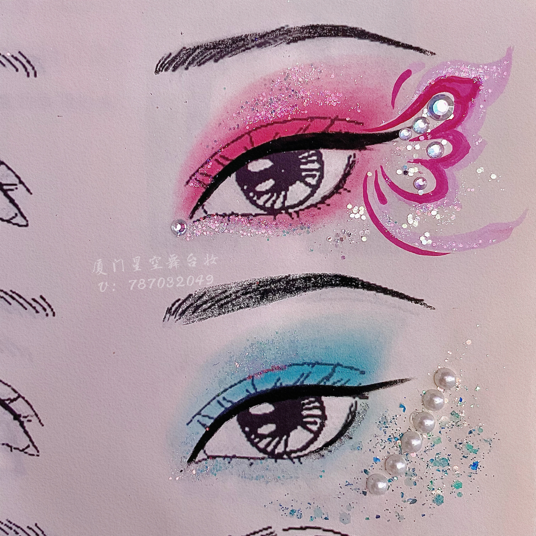 儿童舞台妆——眼影分享 蓝色系妆容 眼影眼头用浅蓝色打底眼尾用深一