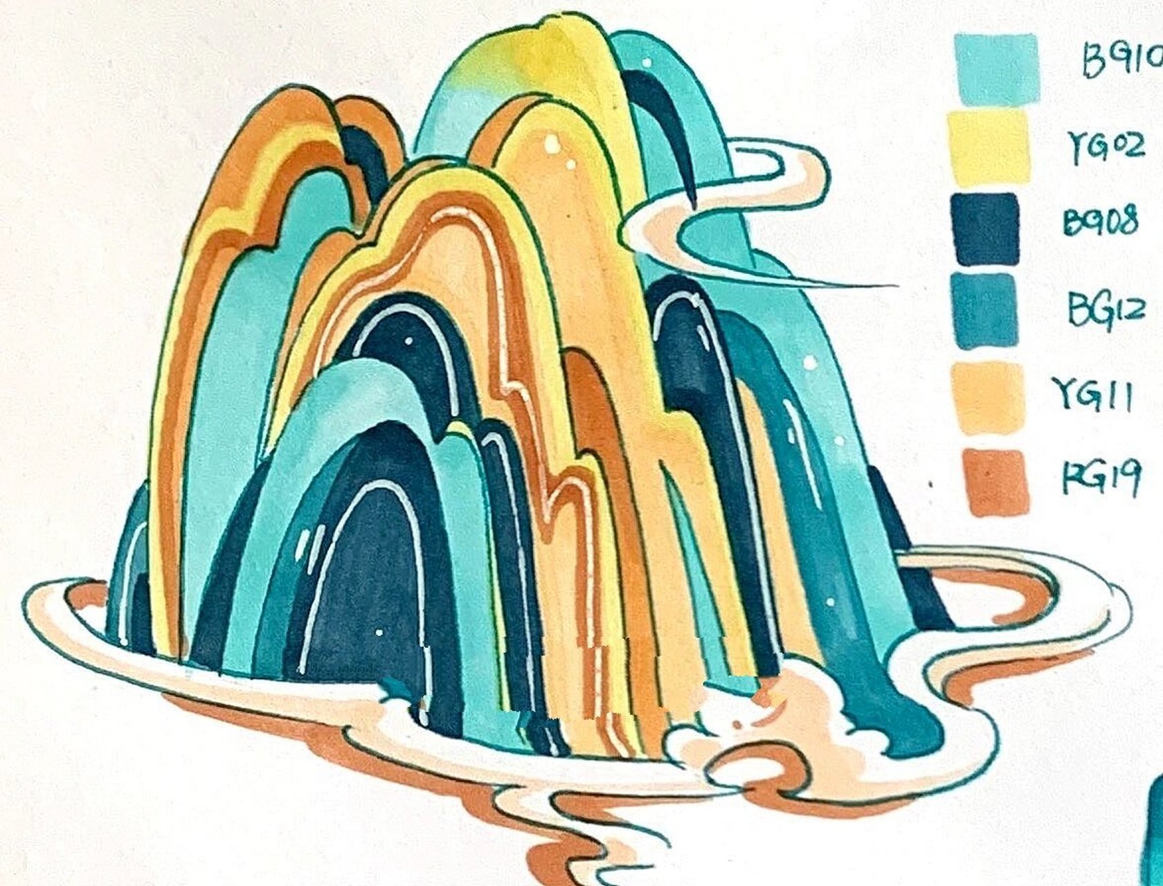 马克笔手绘—超实用多形态青绿山峦国风元素 杨老师绘制的这一组山峦