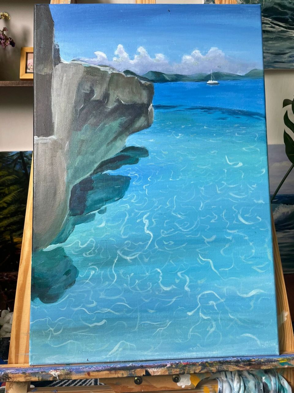 丙烯画 大海 (绘画过程) 平静的海面,蓝得仿佛是一块毫无瑕疵的蓝宝石