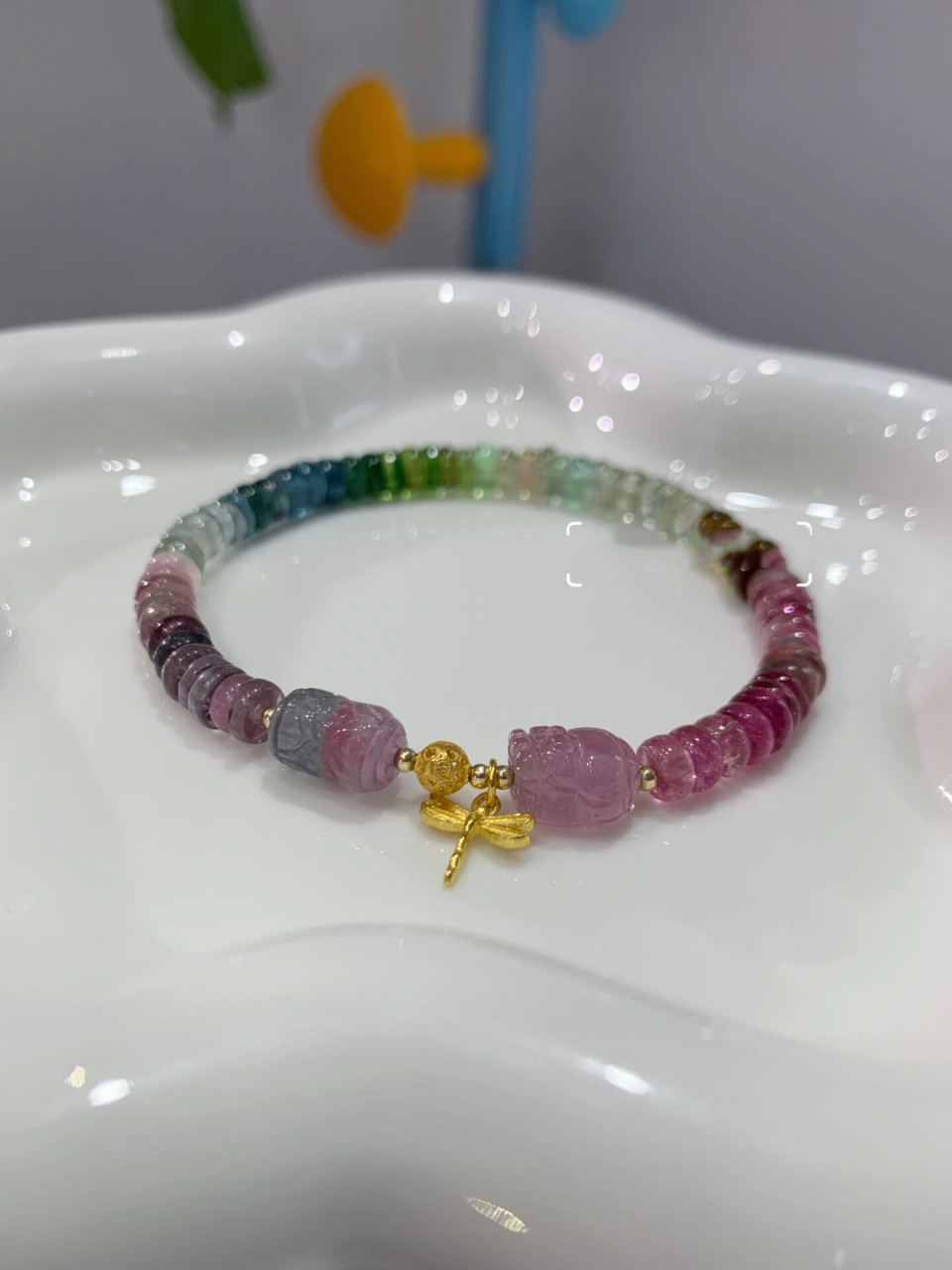 一道特别的彩虹96 大段渐变的碧玺算盘02珠 透体的碧玺算盘珠 与