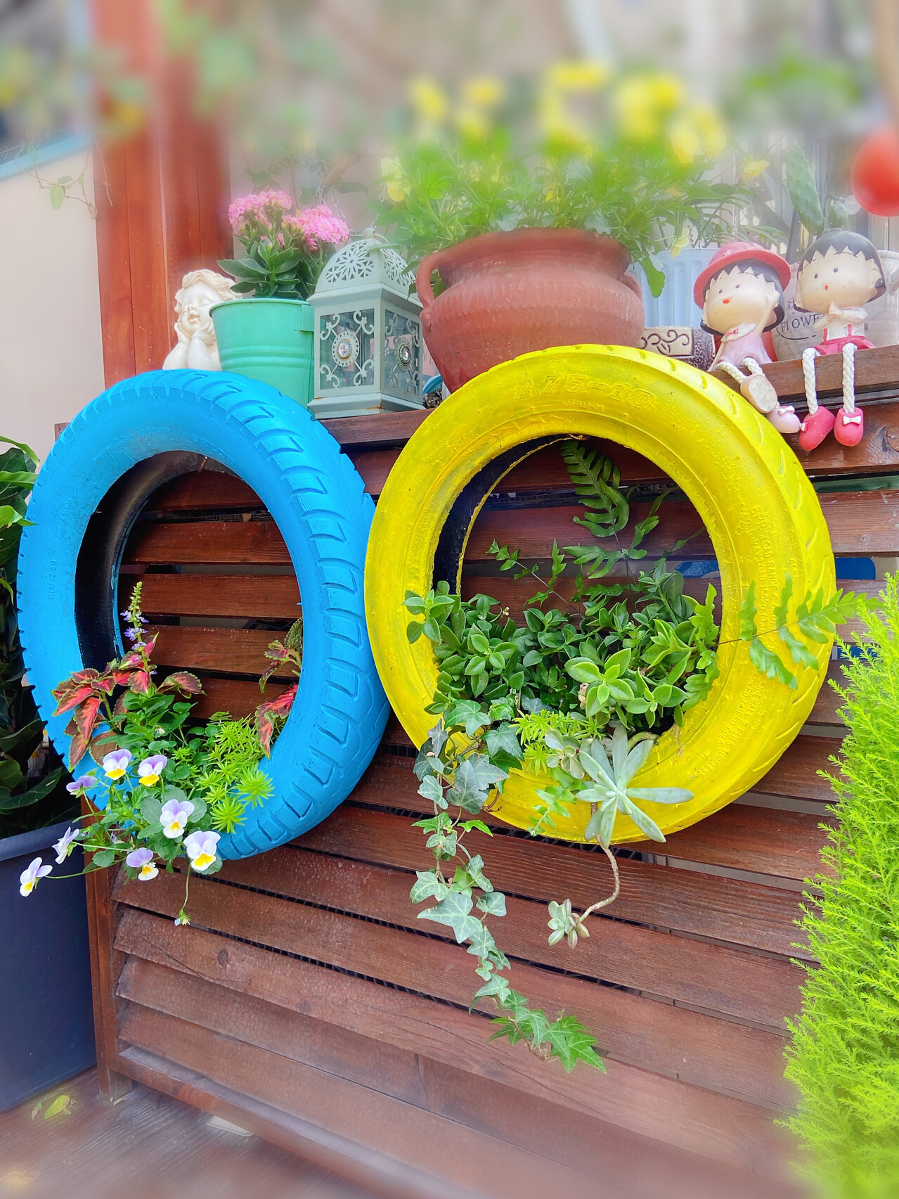 轮胎改造花盆/花园装饰 修车的地方有很多废弃的轮胎, 捡两个回来, 刷