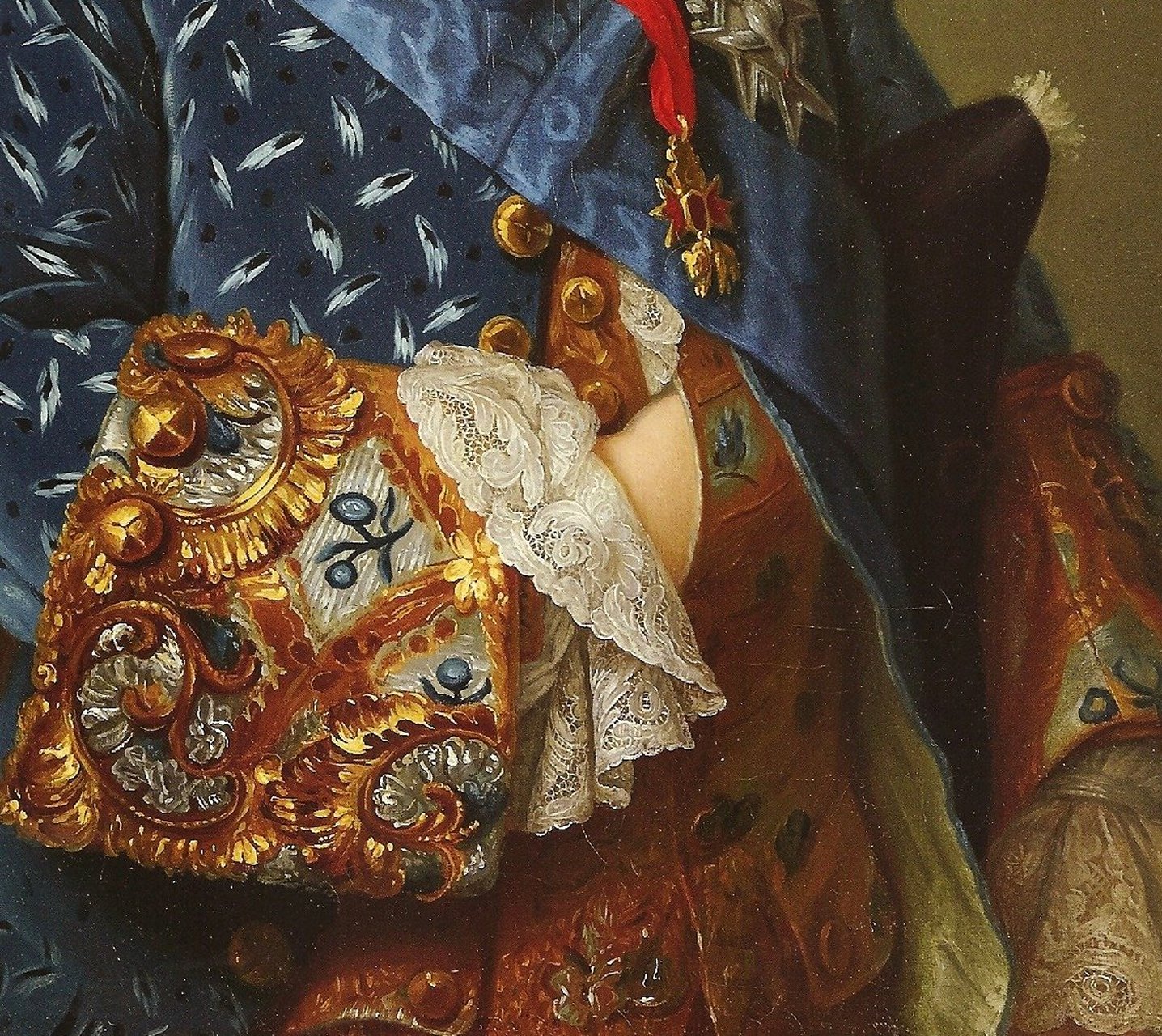 18世纪的肖像画中,绅士贵族服装上华丽的刺绣与装饰细节.