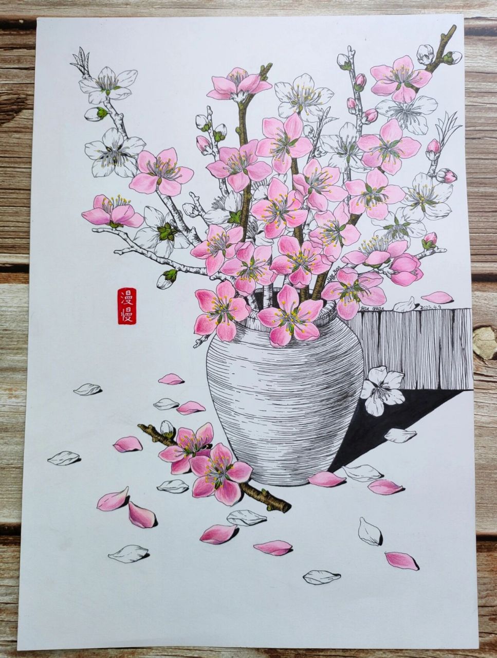 桃花绘画线描马克笔装饰画插画原创 从三月画到四月的桃花,还是没有