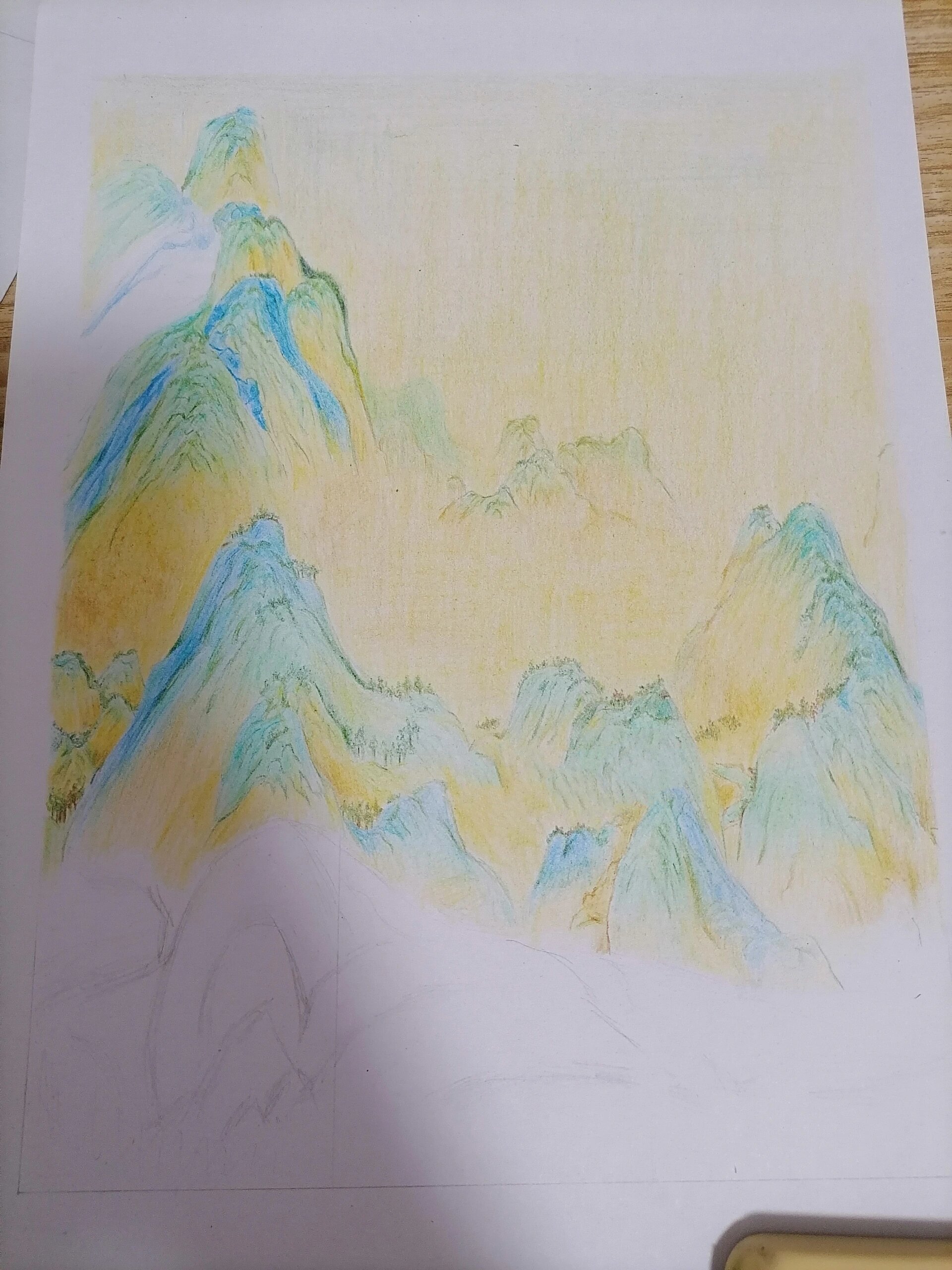 彩铅画山山水图片