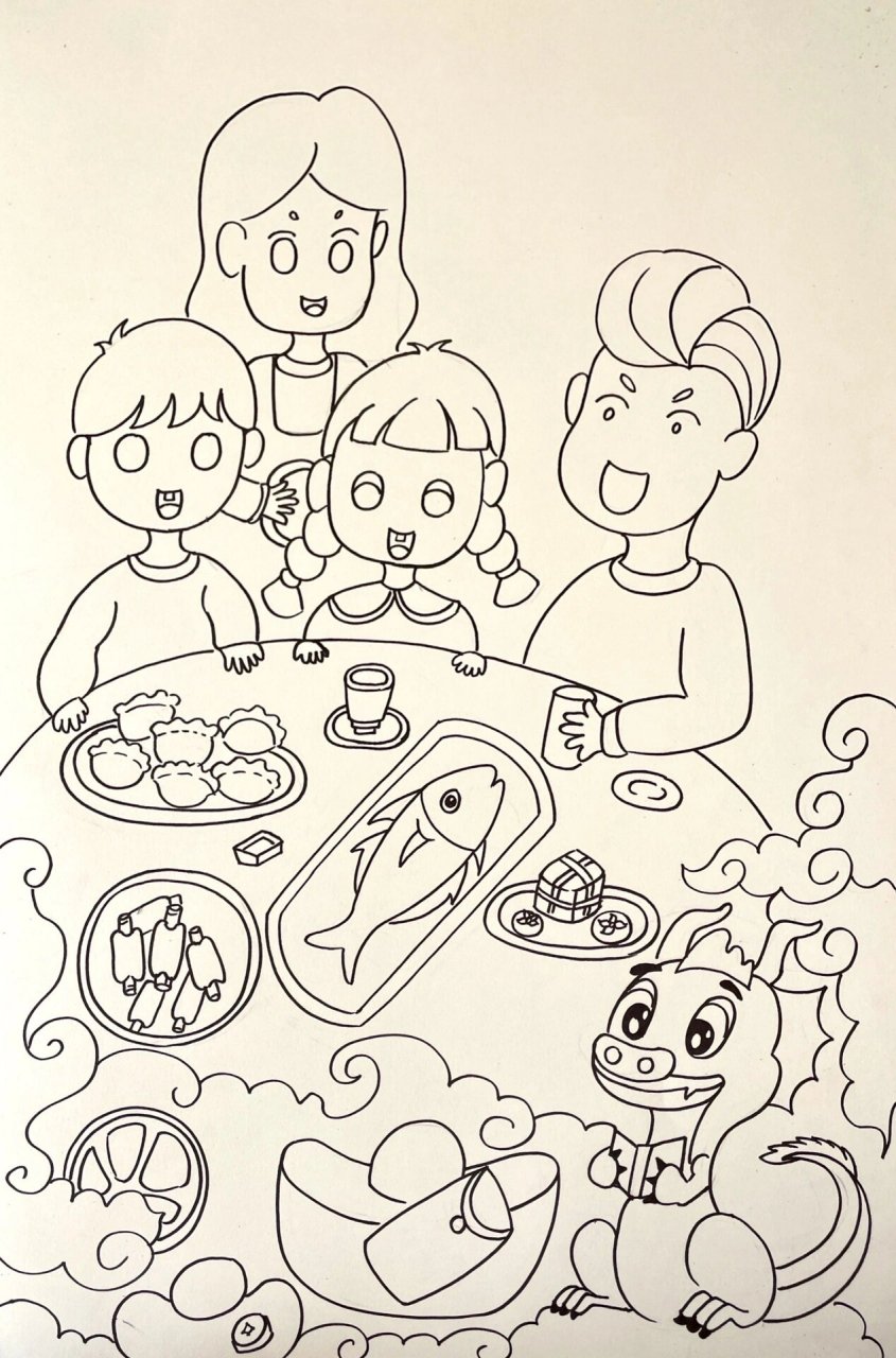 过年了,团年饭,家庭年夜饭主题绘画儿童画 [偷笑][偷笑]
