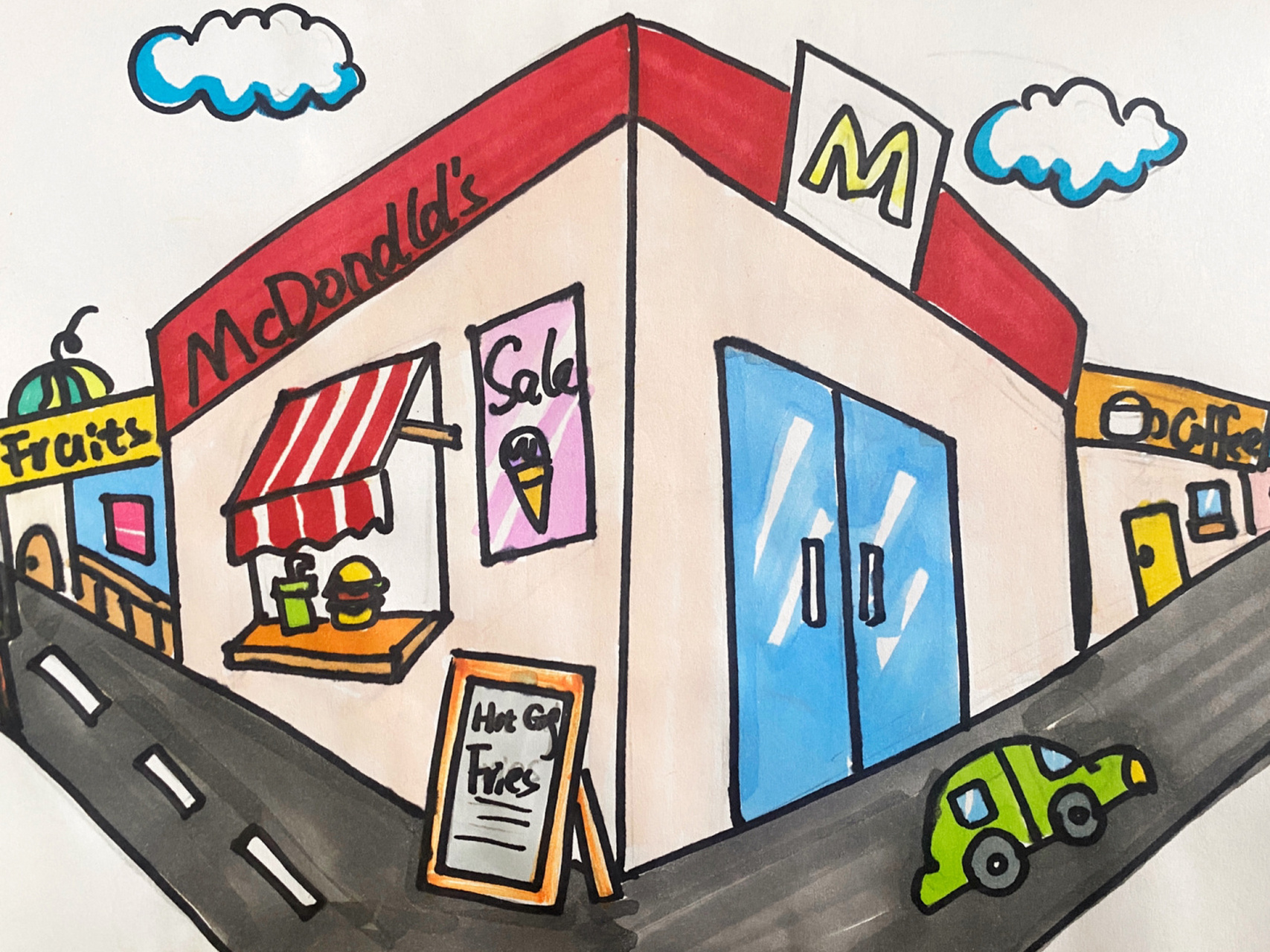 麦当劳儿童画 课件名称:《两点透视房屋》 适合年龄:7-10岁 课件素材