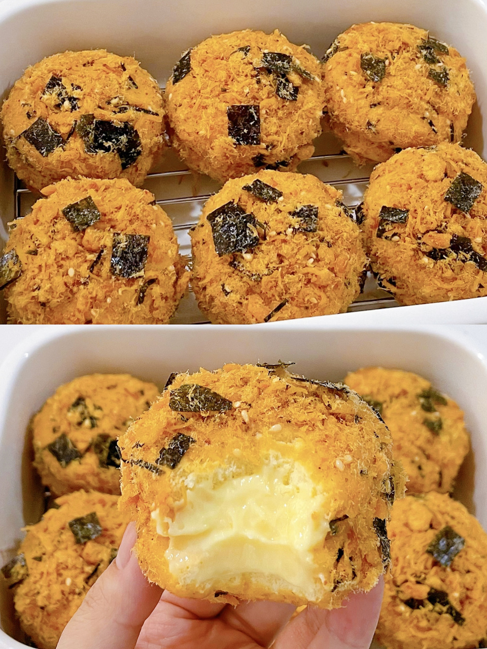 蛋糕体绵软细腻,肉松和海苔越嚼越香,搭配着自制的卡仕达酱,真的太