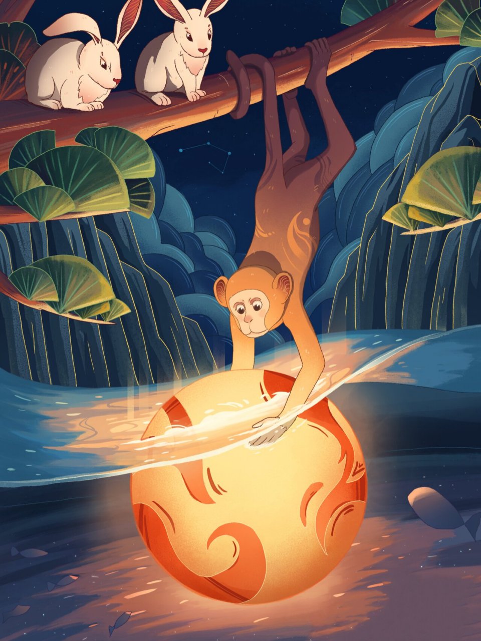 十二生肖中秋系列|猴子捞月|插画 十二生肖中秋图系列之猴子捞月