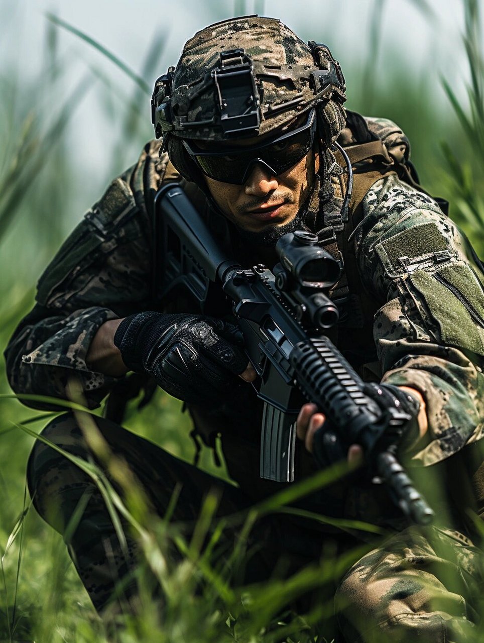 穿着战斗迷彩服,战术装具.头上戴着头盔,脸上戴着面罩,脚上穿着军靴.