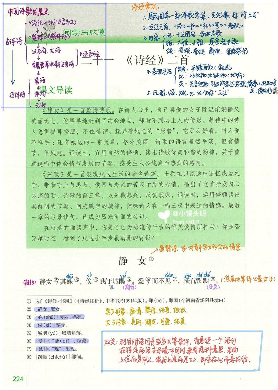 语文基础模块上二十一课《静女》《采薇》笔记 基础模块上二十一课