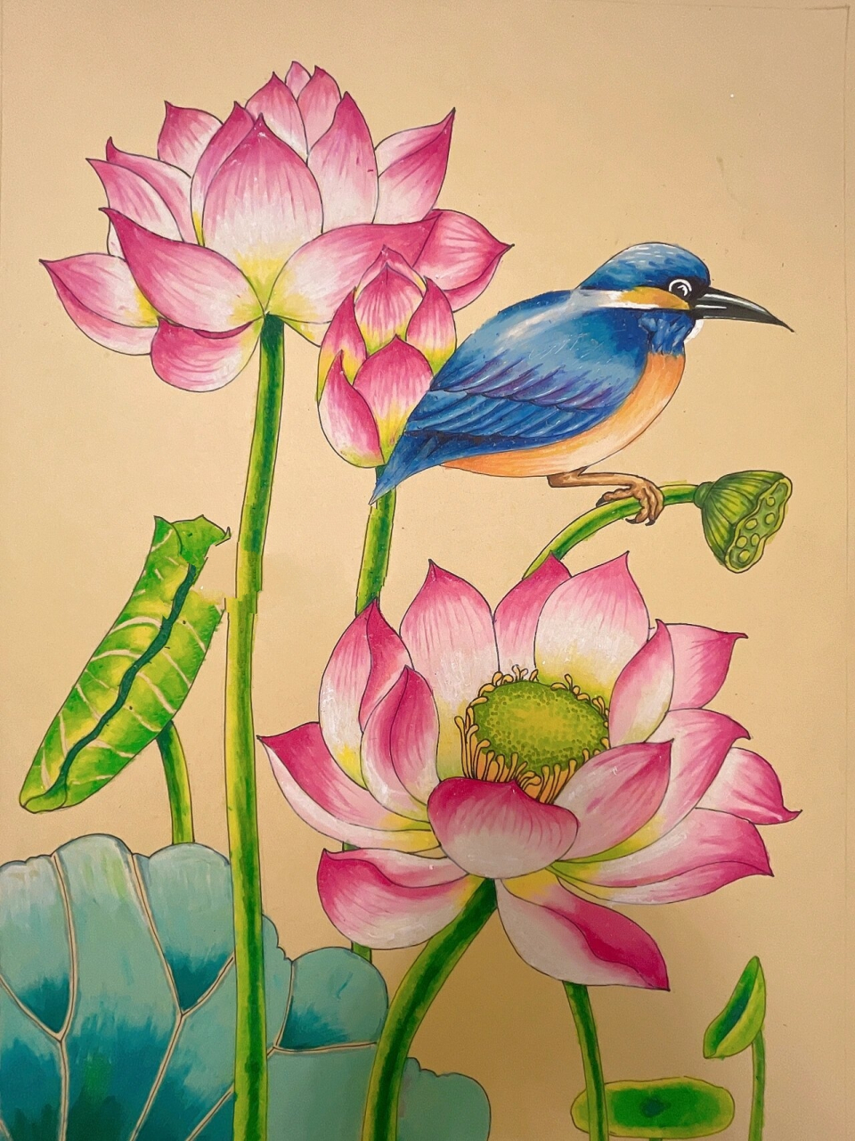 油画棒作品—荷花与翠鸟(临)     73作品全程有油画棒完成 这幅画