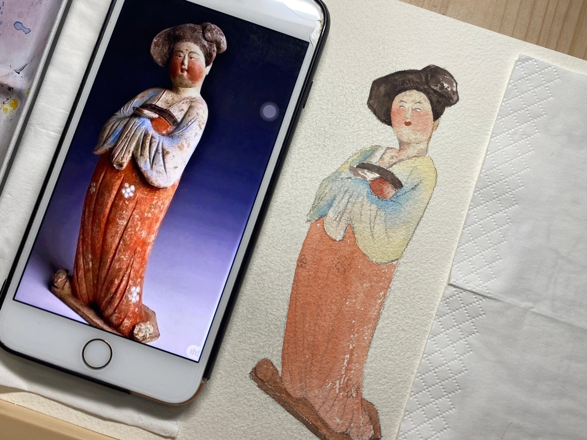 水彩|唐三彩仕女俑,一代古代美!