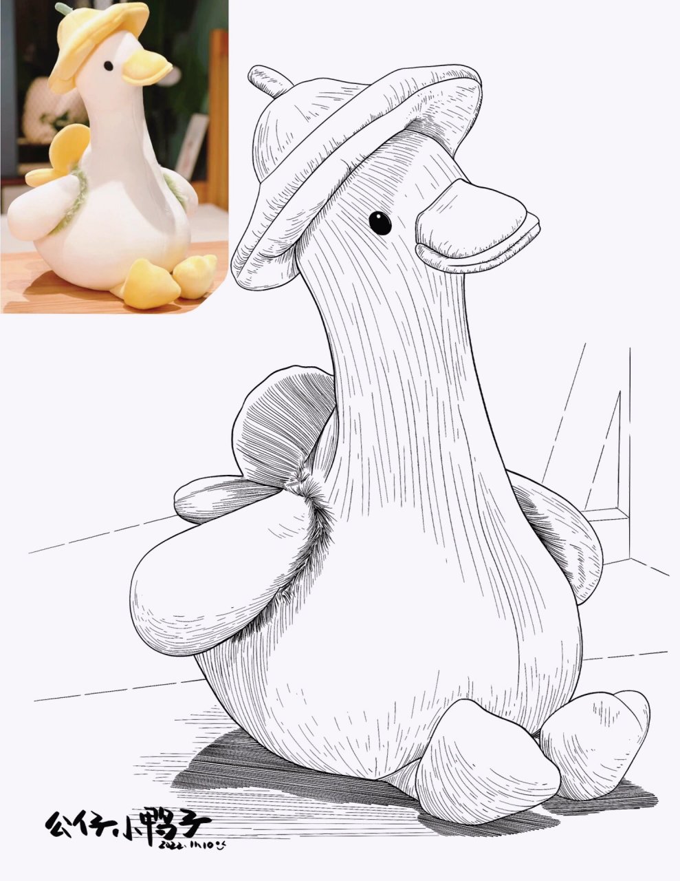 毛绒玩具:公仔小鸭子速写线描素材分享