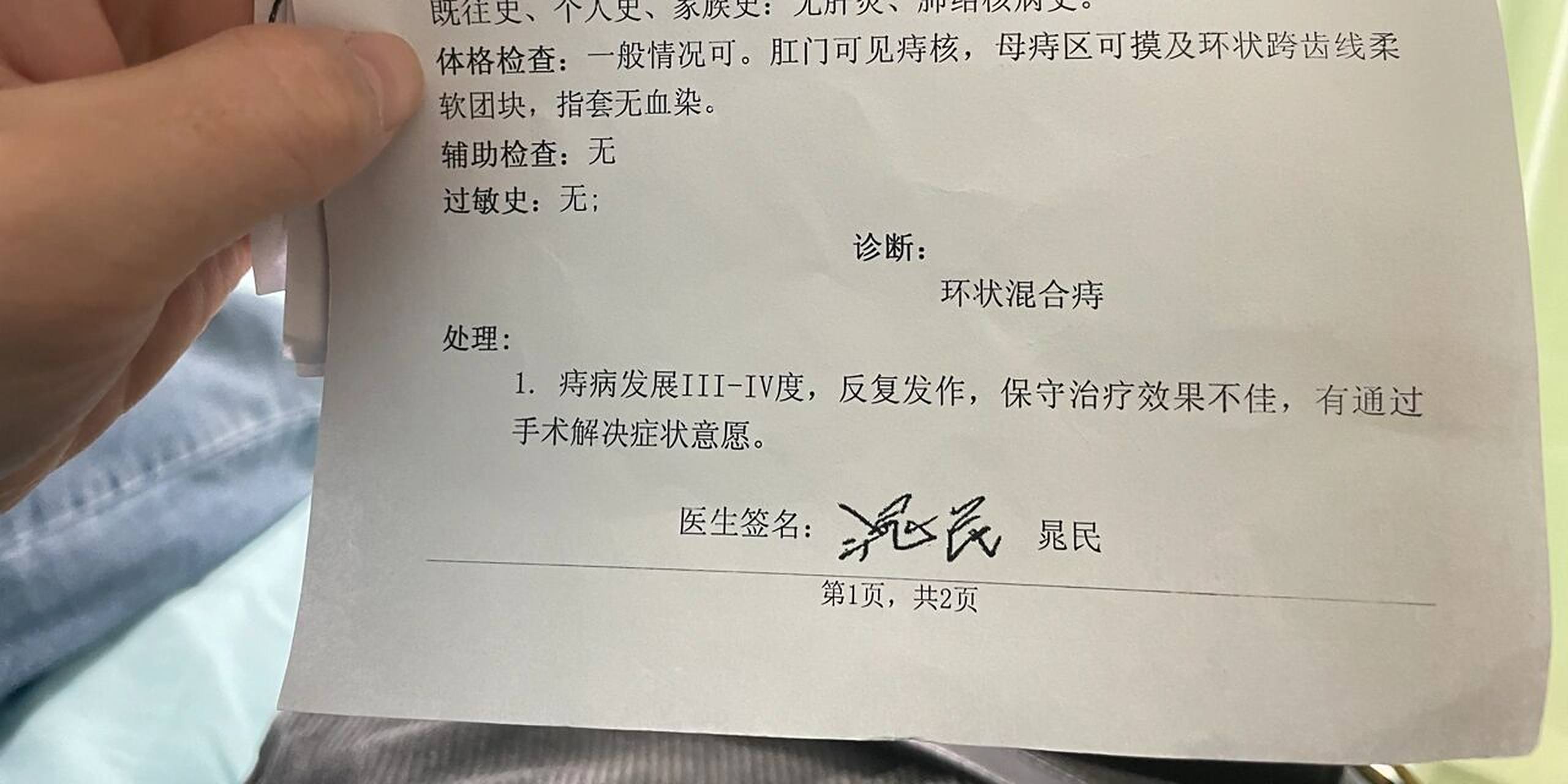 找了肛肠专家晁民,昨天去检查,大夫诊断为环形混合痔,痔疮程度已经三