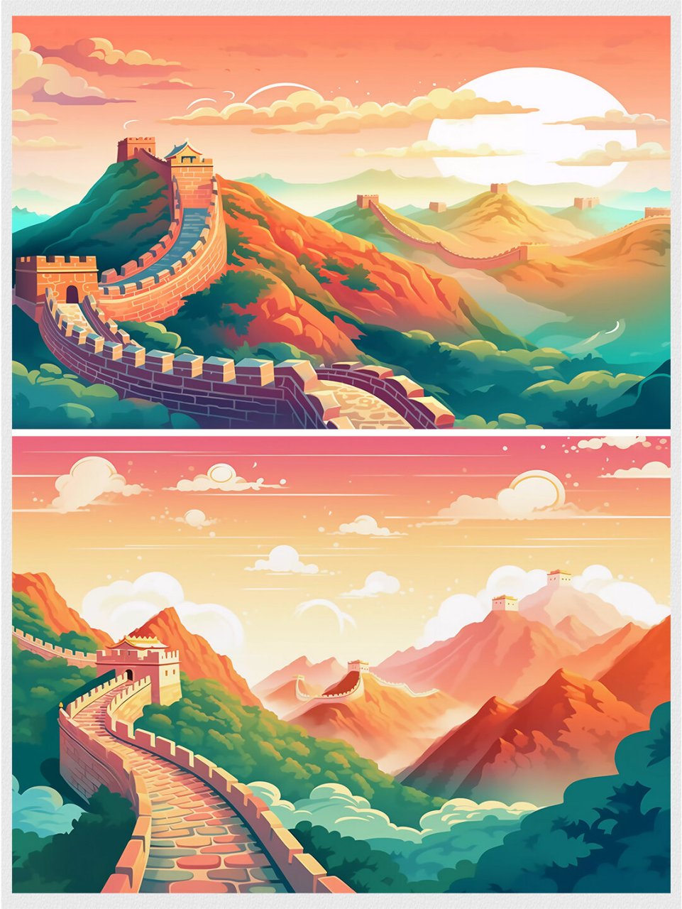 最新的炫彩长城插画,让你穿越到壮丽长城的绘画世界⛰️!