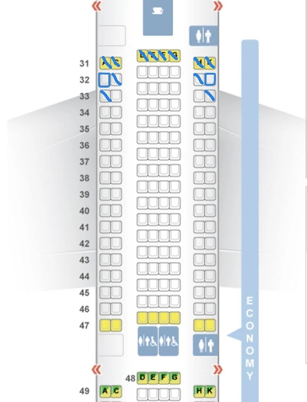 划掉的座位是选不了的) 因为有十几个小时航程,希望睡觉方便一些所以