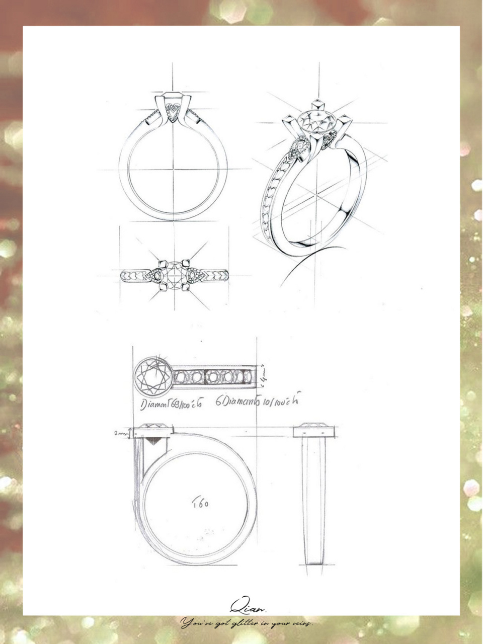 分享大师画的的戒指线稿 三视图透视和比例都很精确!