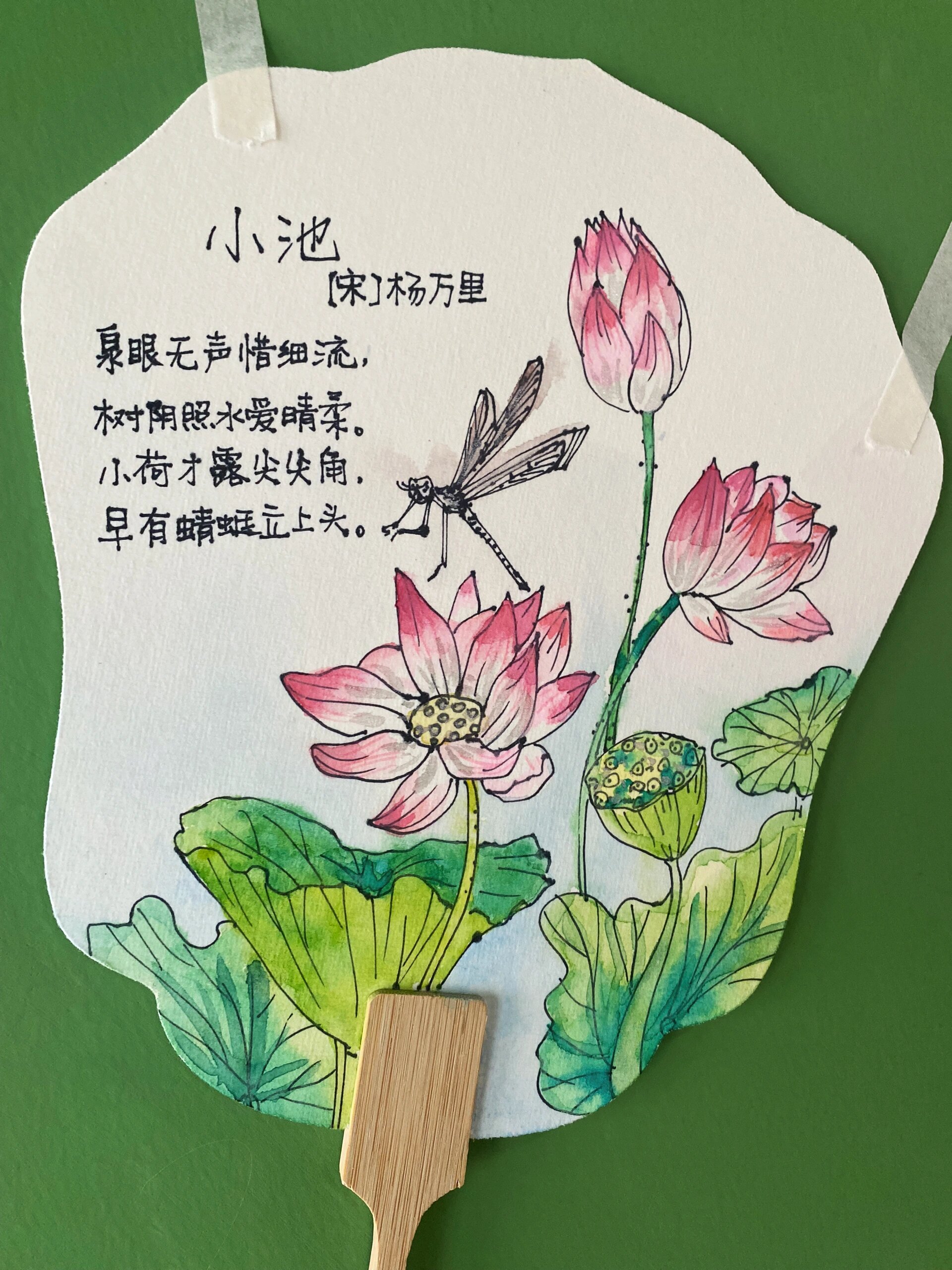 小池,荷花,蜻蜓小学古诗接定制 古诗配画扇子
