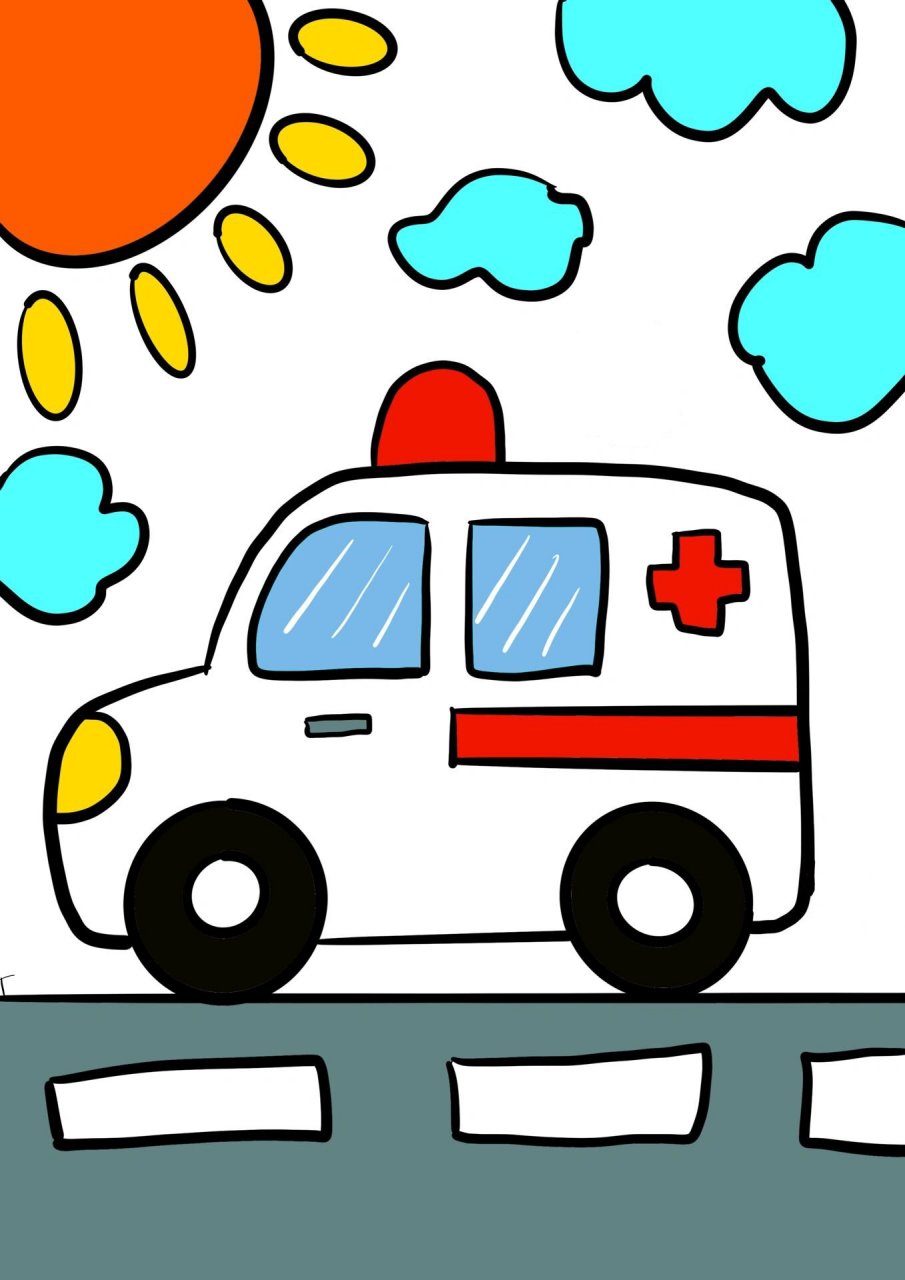 救护车儿童创意画(附线稿)