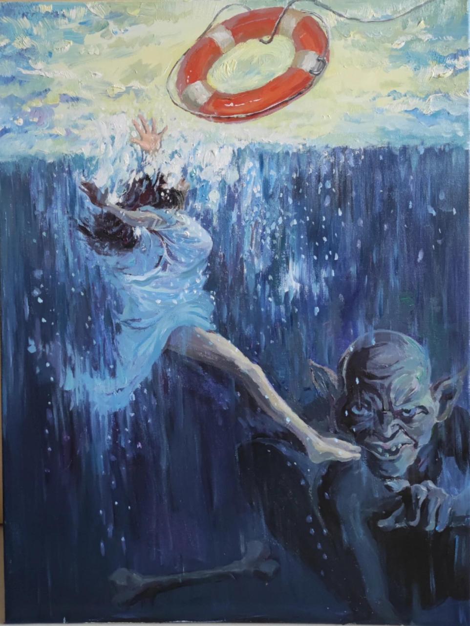 防溺水主题绘画(省一等奖) 尺寸70*90 油画框