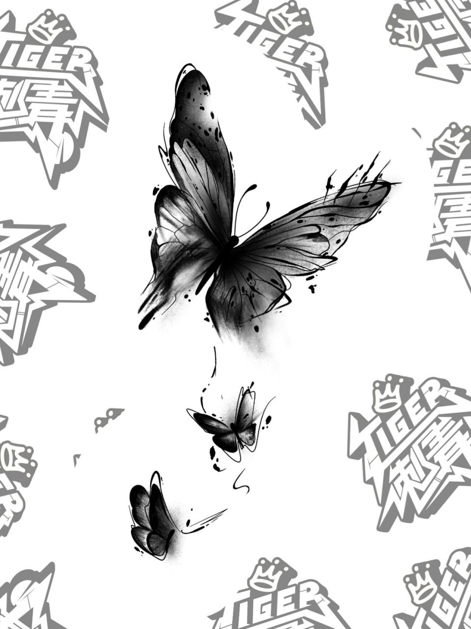 蝴蝶纹身|女生水墨抽象蝴蝶纹身手稿 适合部位为大臂~ 小臂也可以哦 .