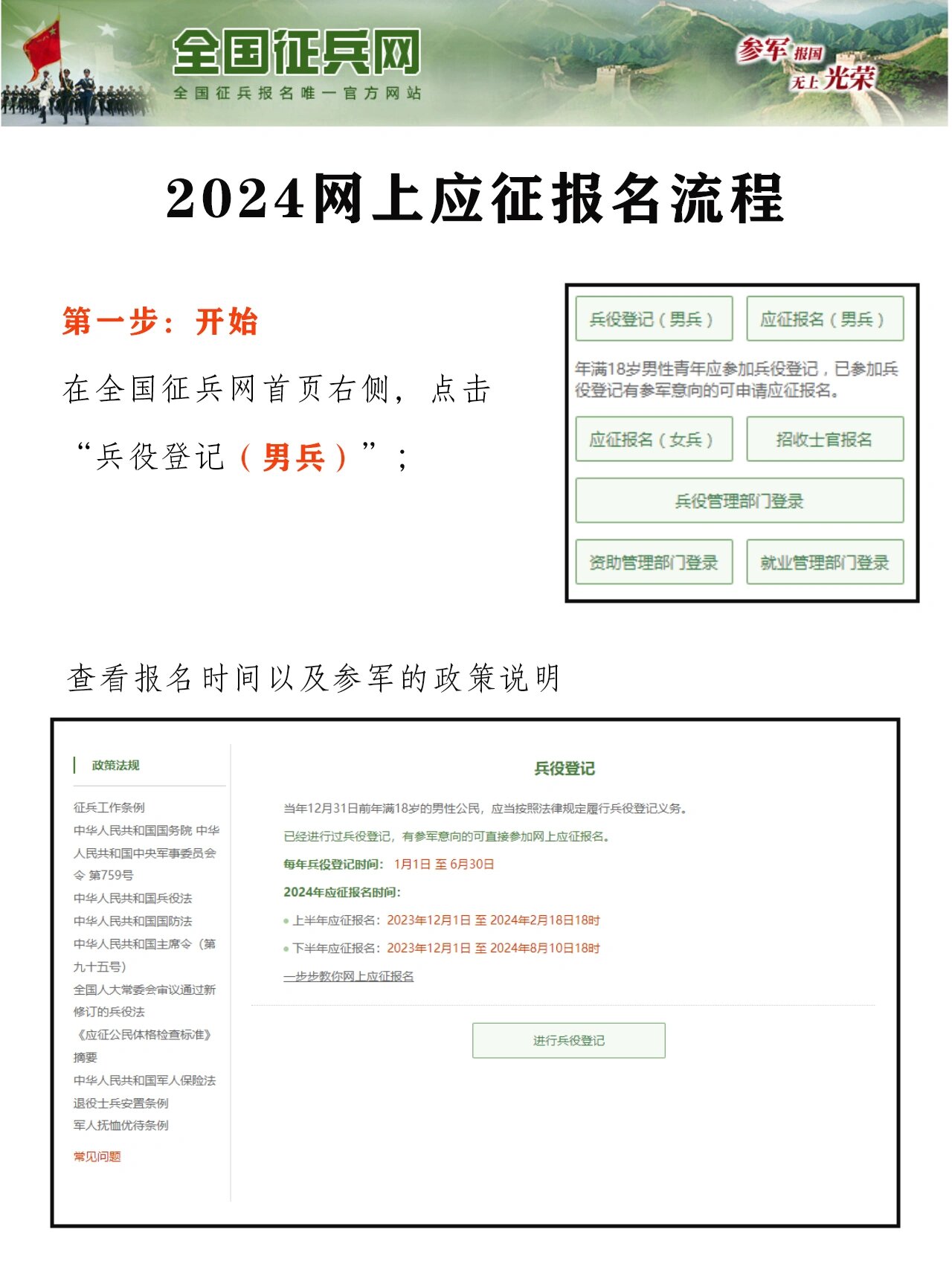 2024全国应征报名流程 2024应征报名时间:2023年12月1日至2024年2月18