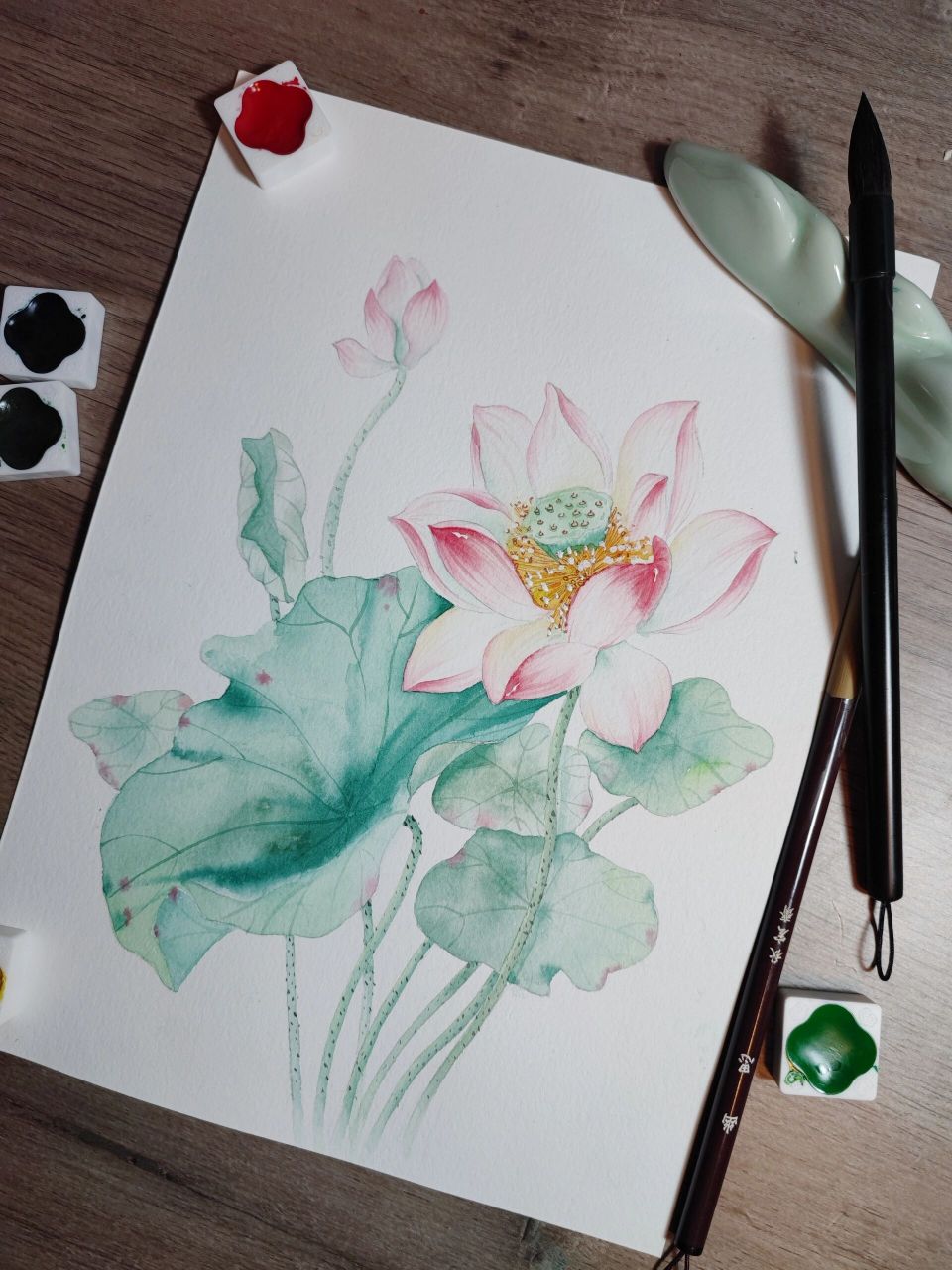 古风水彩荷花‖内附详细步骤和线稿 纸:尊爵细纹 颜料:飞乐鸟鸾.