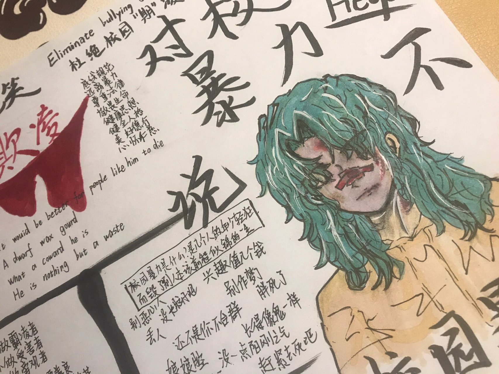 校园暴力手抄报       a4纸,马克笔,人物是附加遗产温小辉